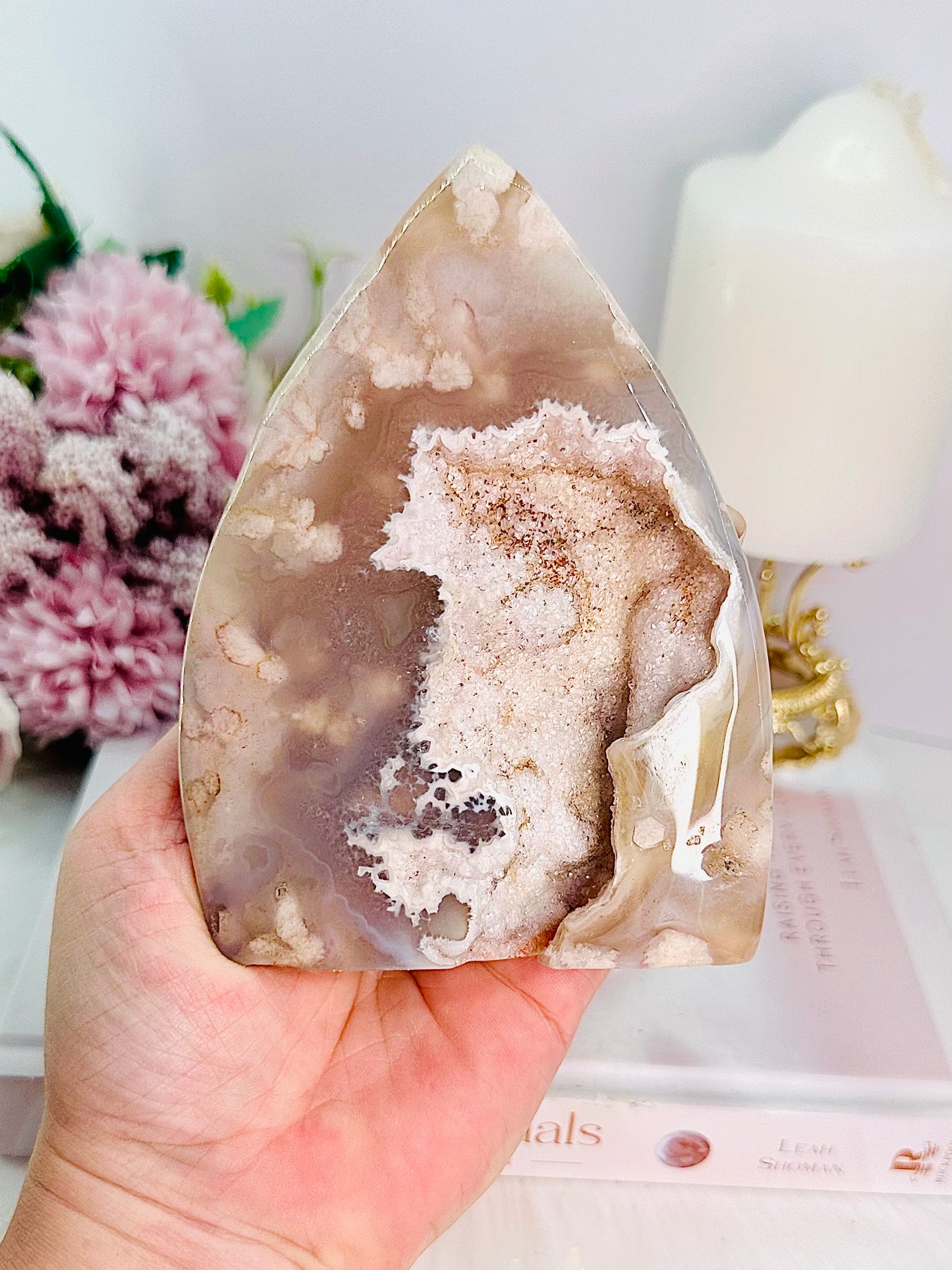 Classy & Fabulous Large 13cm 415gram Druzy Flower Agate Freeform | Flame Carving