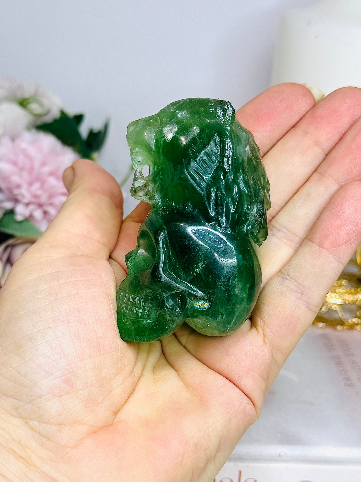 High Grade Green Fluorite Carved Skull with Lion Head 7cm