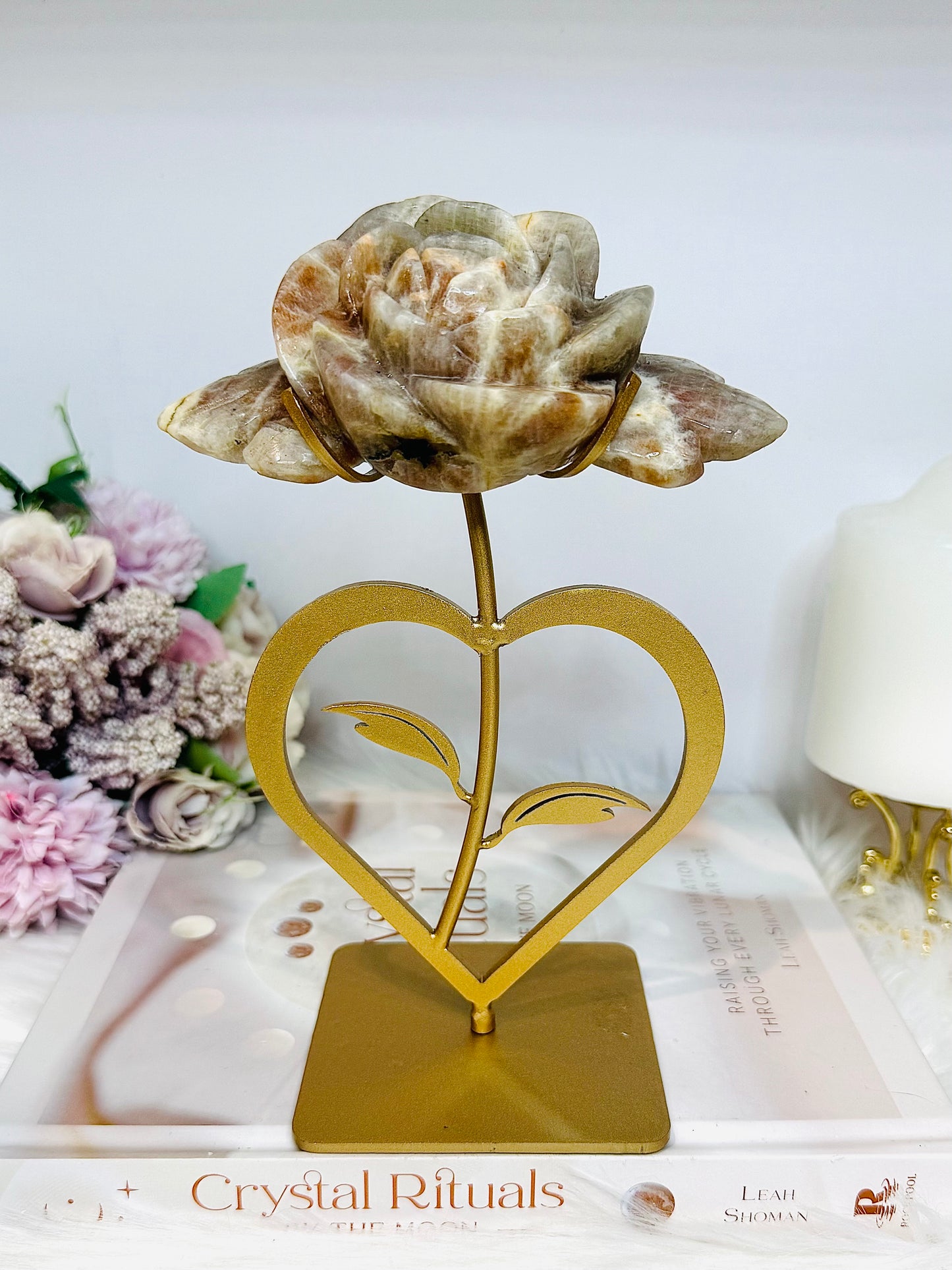 Large High Grade Moonstone Rose With Flash on Gold Stand 18cm
