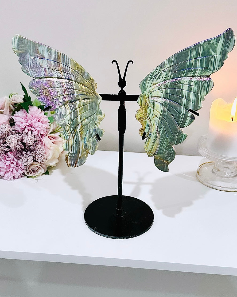 ⚜️ SALE ⚜️ WOWOWOWOW!!!! A Spectacular Piece!!!! Large 27cm (Inc Stand) Aura Calcite Butterfly Wings On Stand