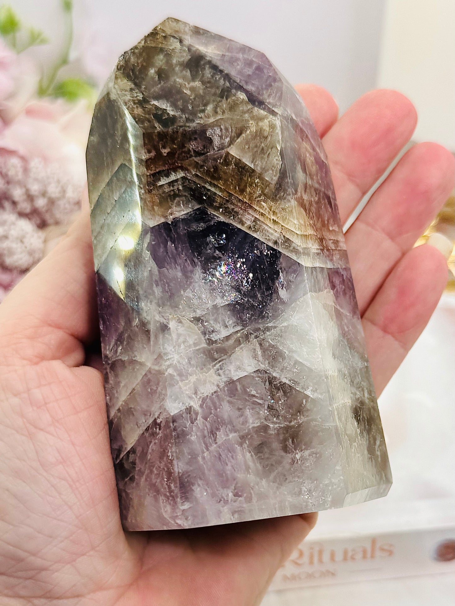 Sacred Rare Stone ~ Divine Super Seven Carved Tower From Brazil with Rainbows 11.5cm 431grams