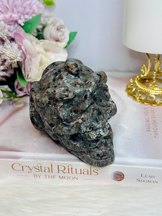 Large Yooperlite Carved Skull with Snake (UV Reactive) 617g