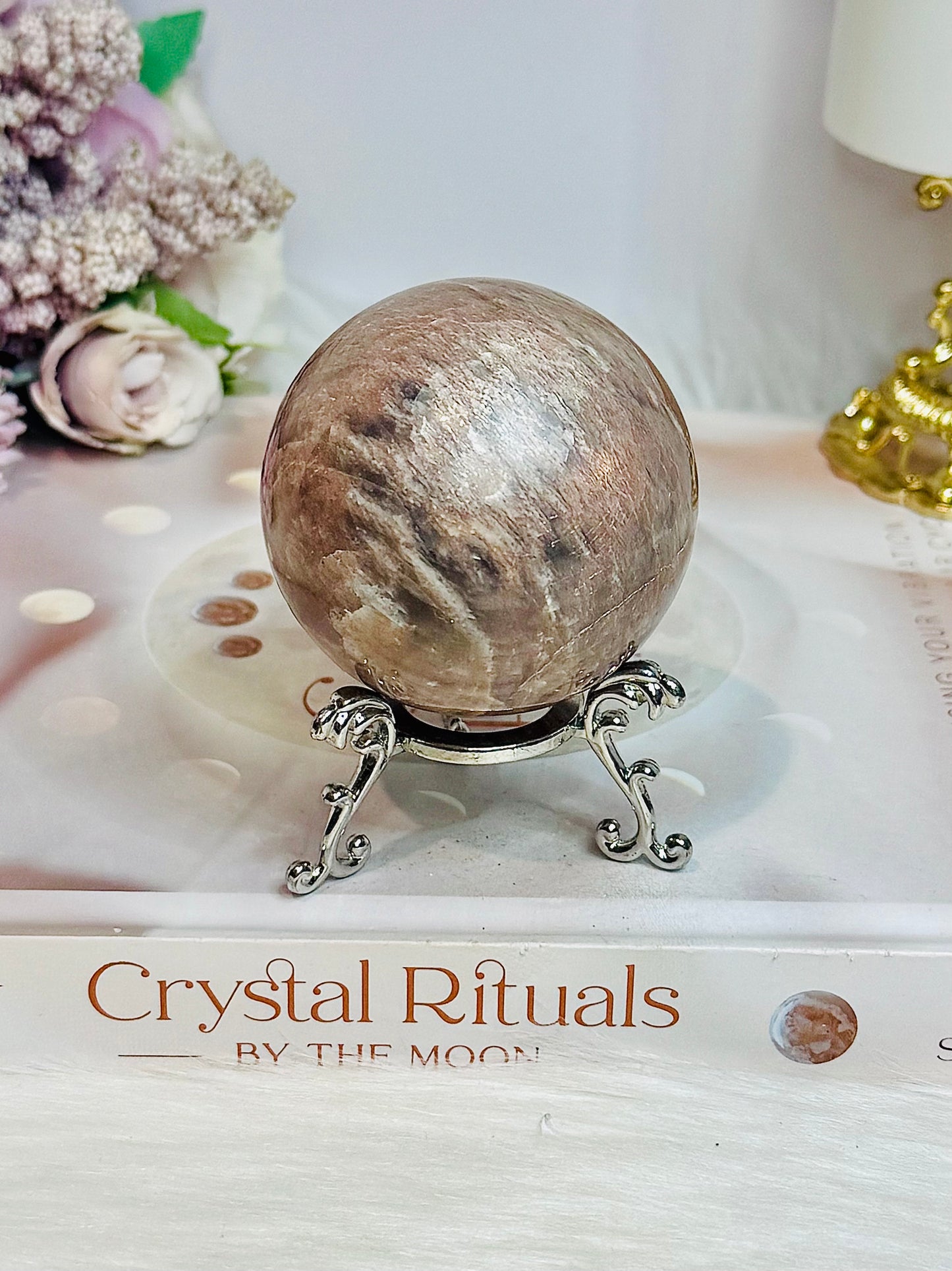 High Grade Moonstone X Sunstone Sphere On Stand 253g