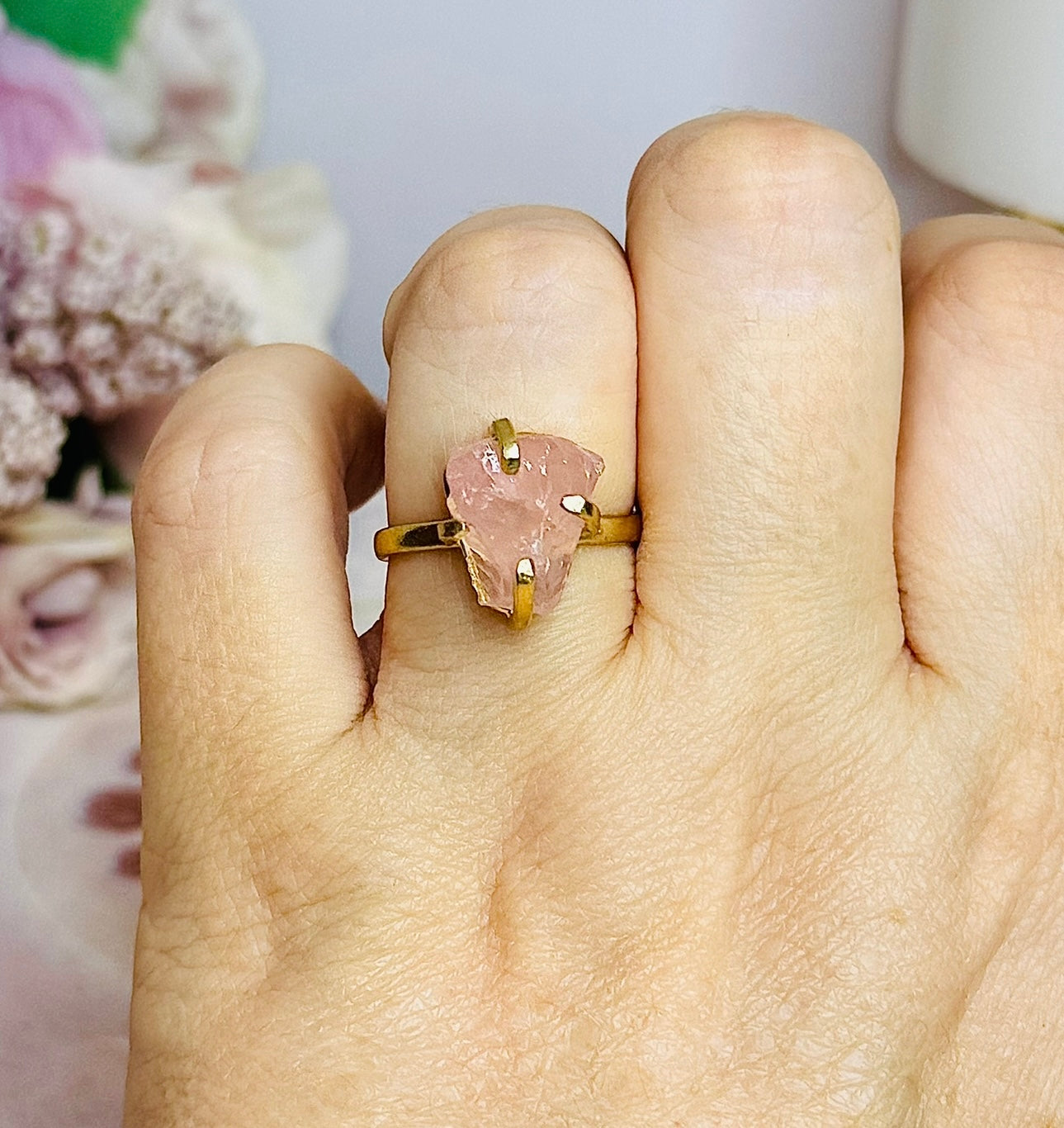 Natural Rose Quartz Gold Plated Adjustable Ring From Brazil ~ In Gift Bag