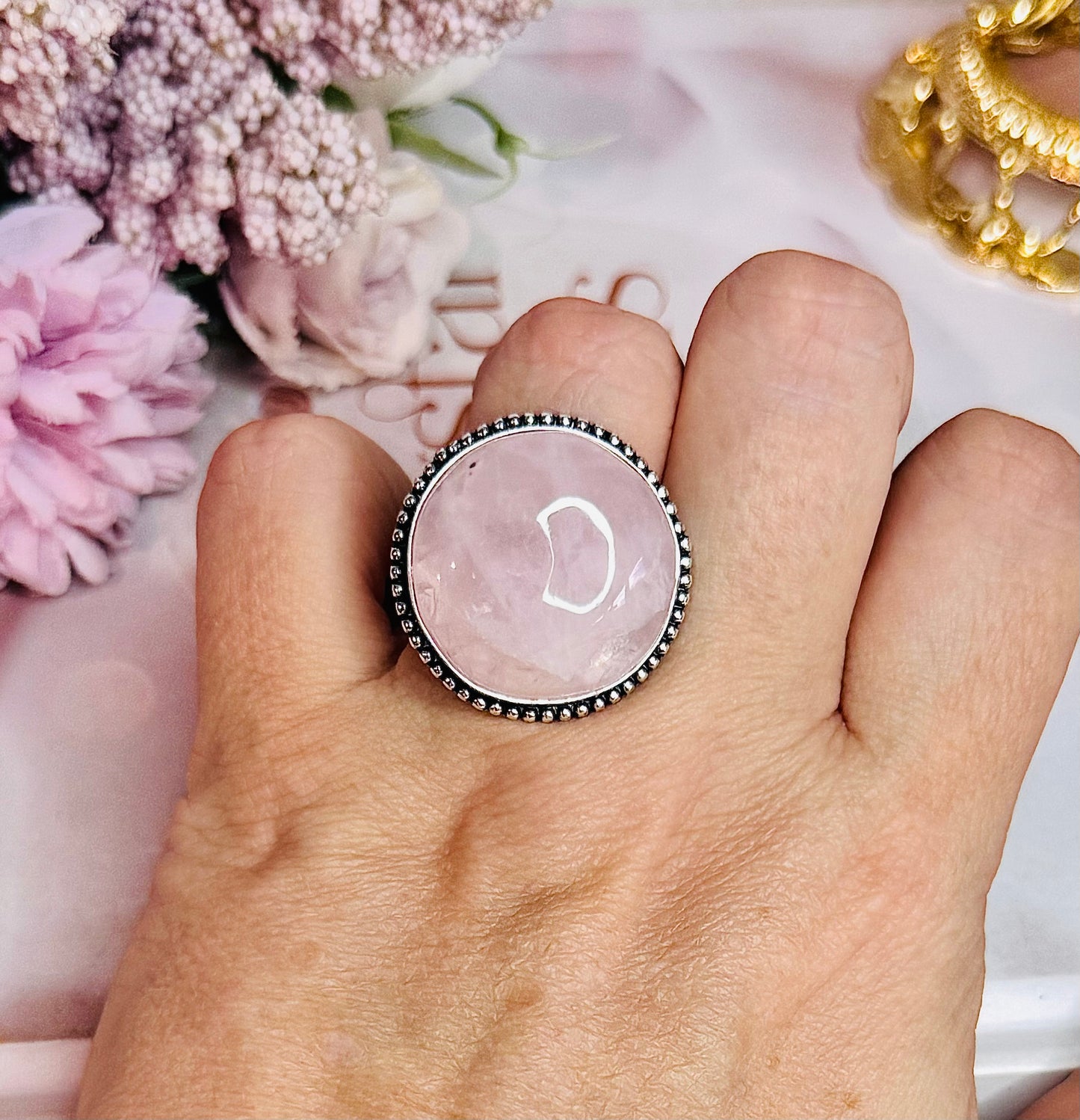 Large Rose Quartz Stone Silver Ring In Gft Bag