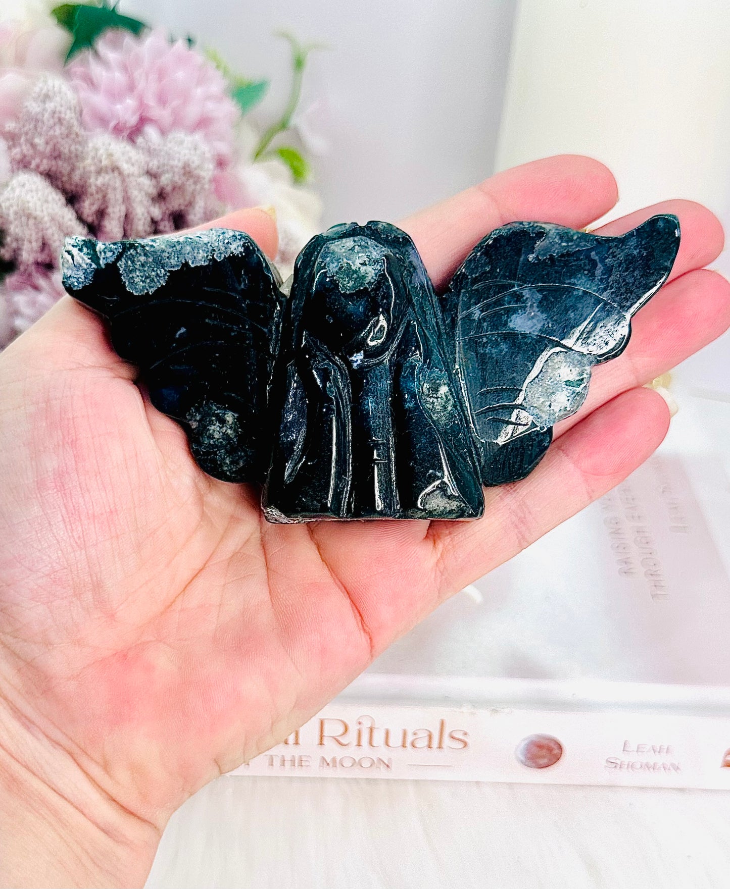 Gorgeous Moss Agate Druzy Carved Angel 12cm