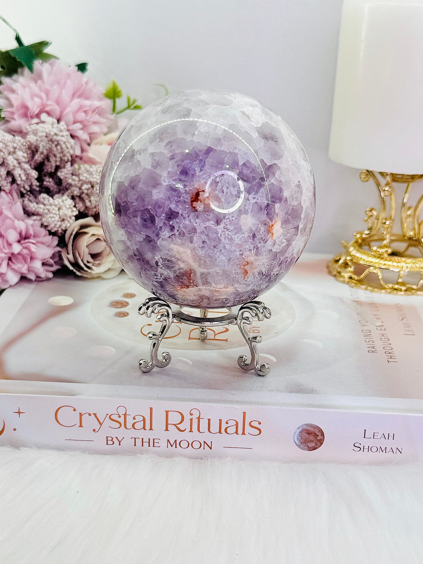 CLASSY!!! FABULOUS!!! MAGICAL!!!
Incredible High Grade Deep Purple Amethyst X Flower Agate Hybrid Sphere 772grams On Silver Stand