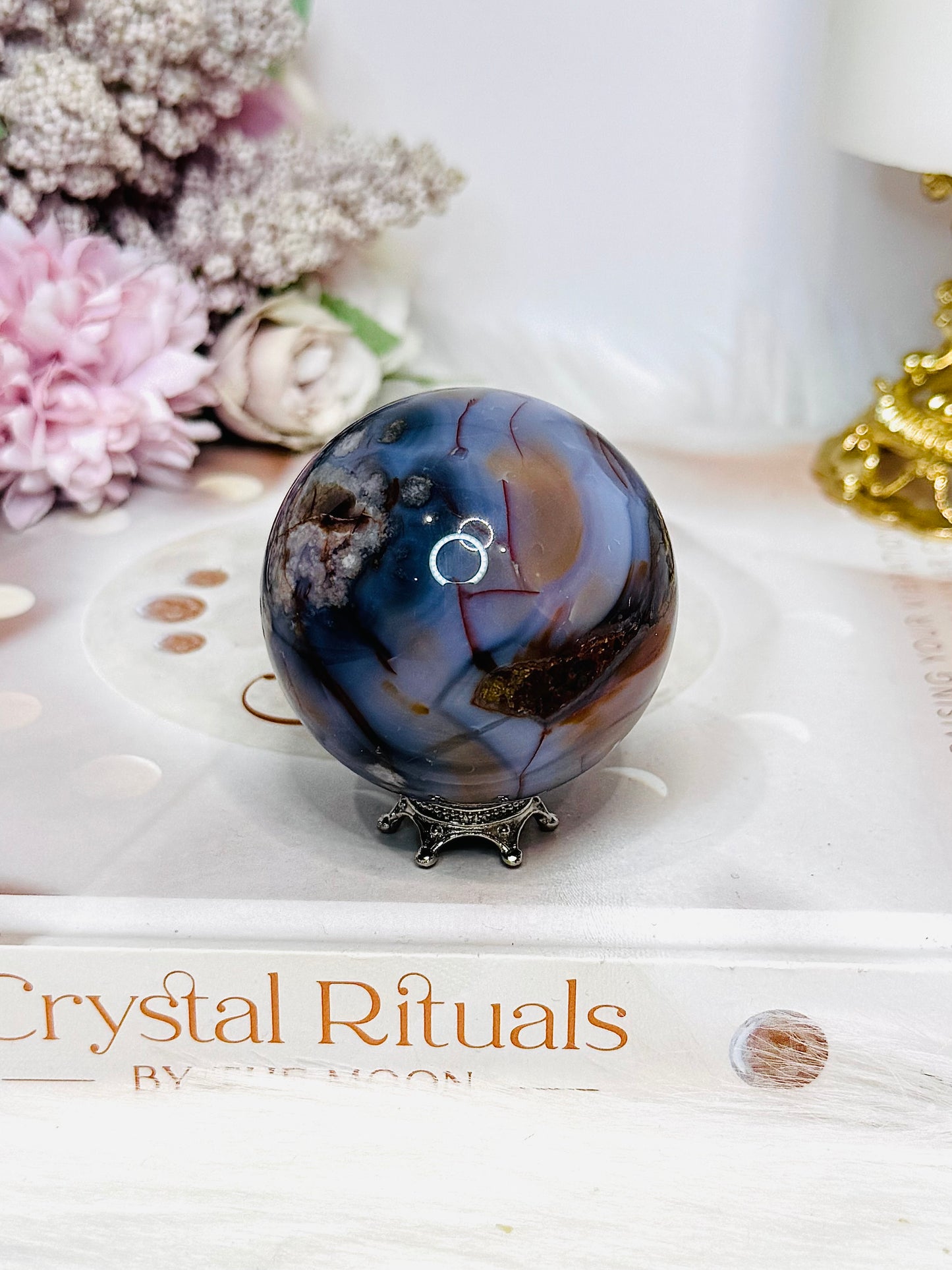 Blue Flower Agate Sphere on Stand 172g