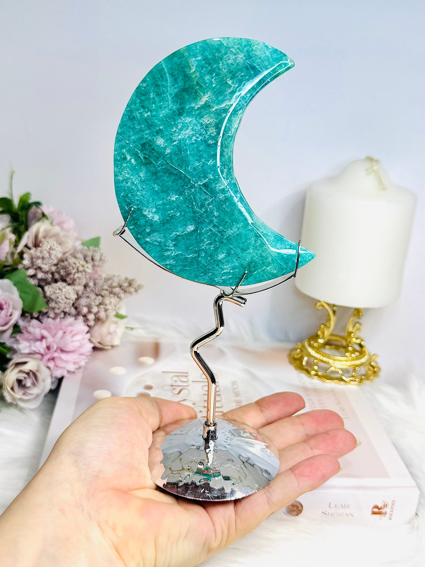 Amazonite Carved Moon On Stand 20cm