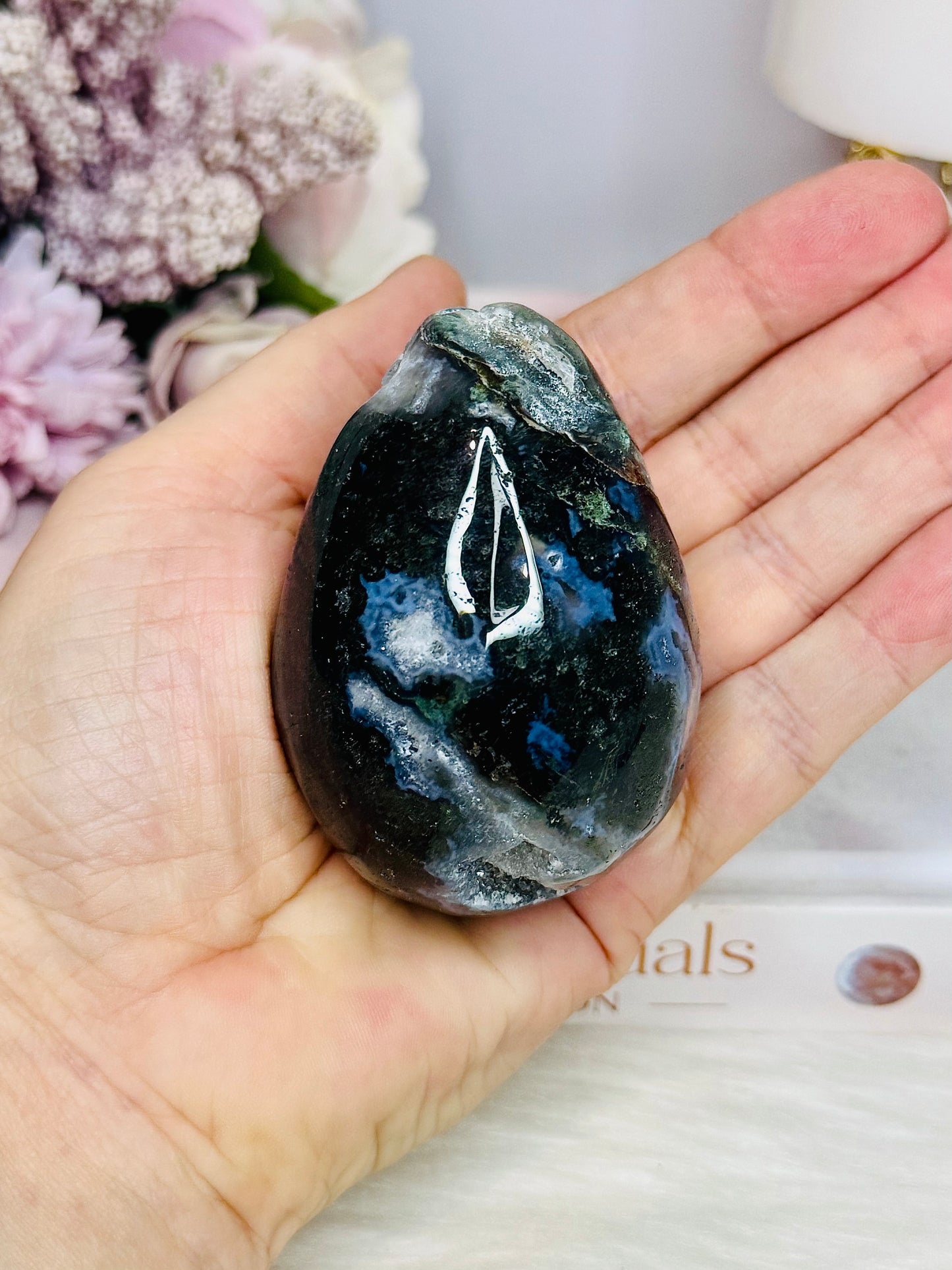 Moss Agate Druzy Egg On Stand 205g