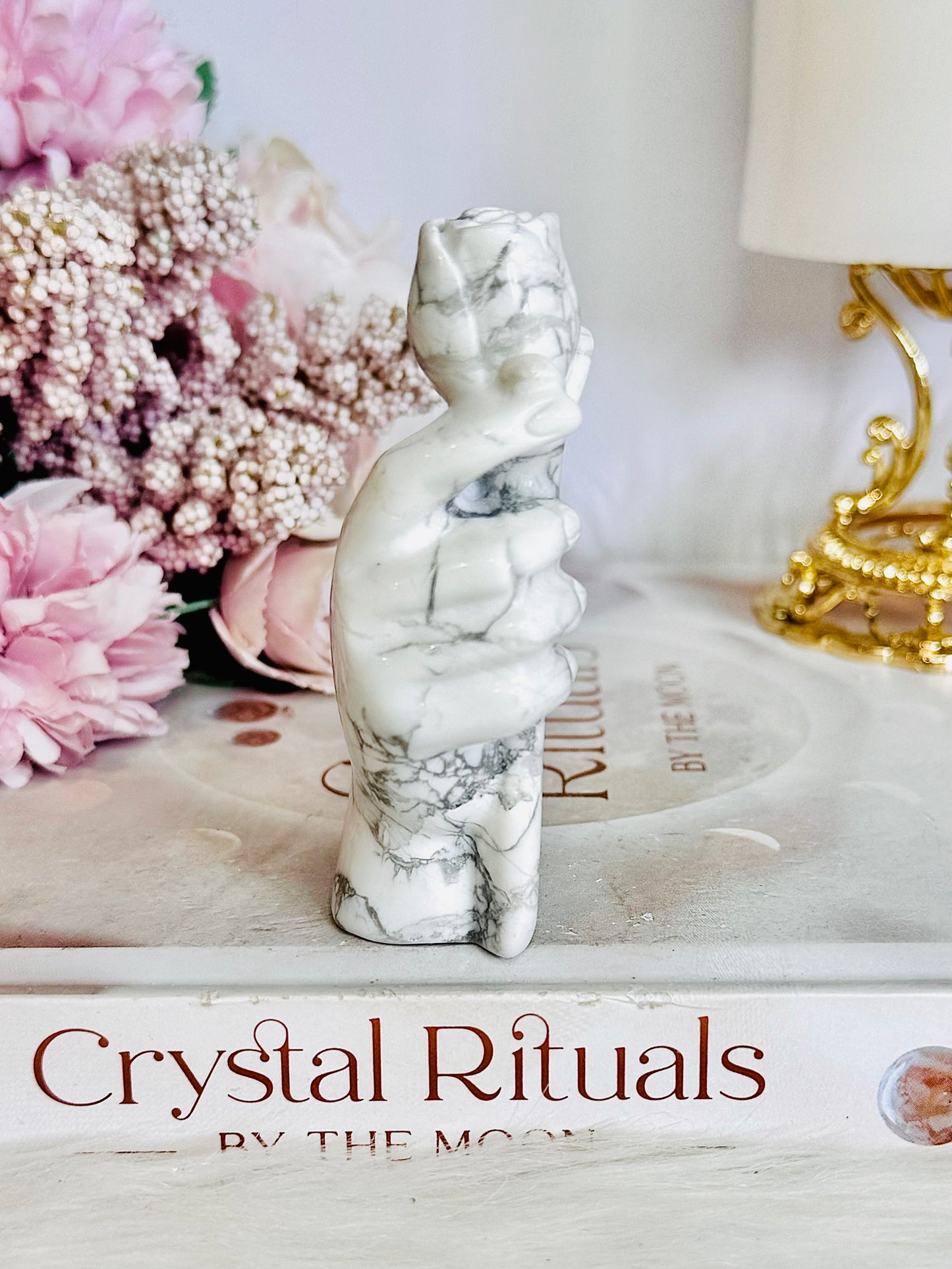 Supports Anxiety & Depression ~ Perfectly Carved Howlite Hand Holding A Rose