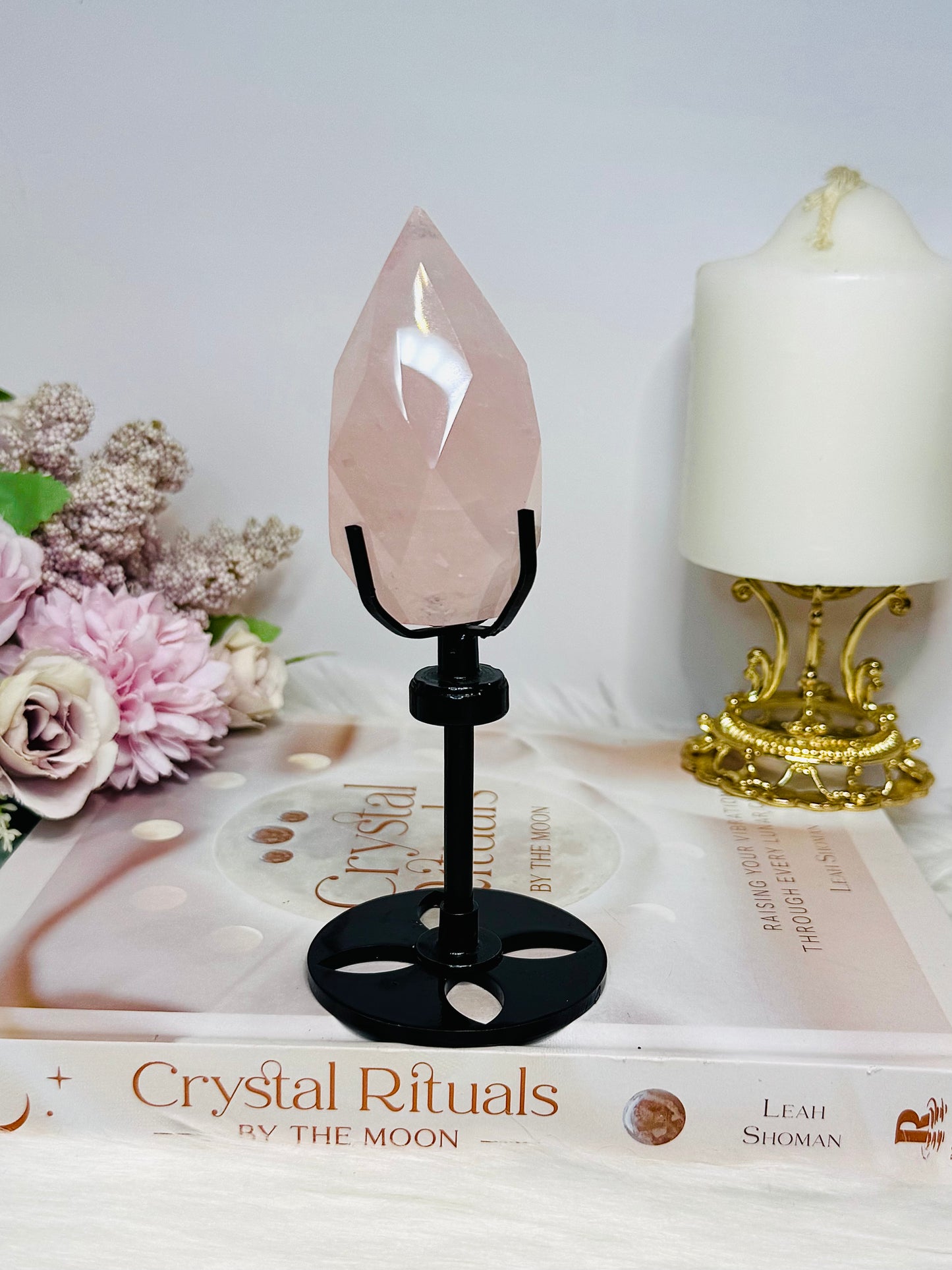 Rose Quartz Carved Faceted Diamond on Stand 15cm
