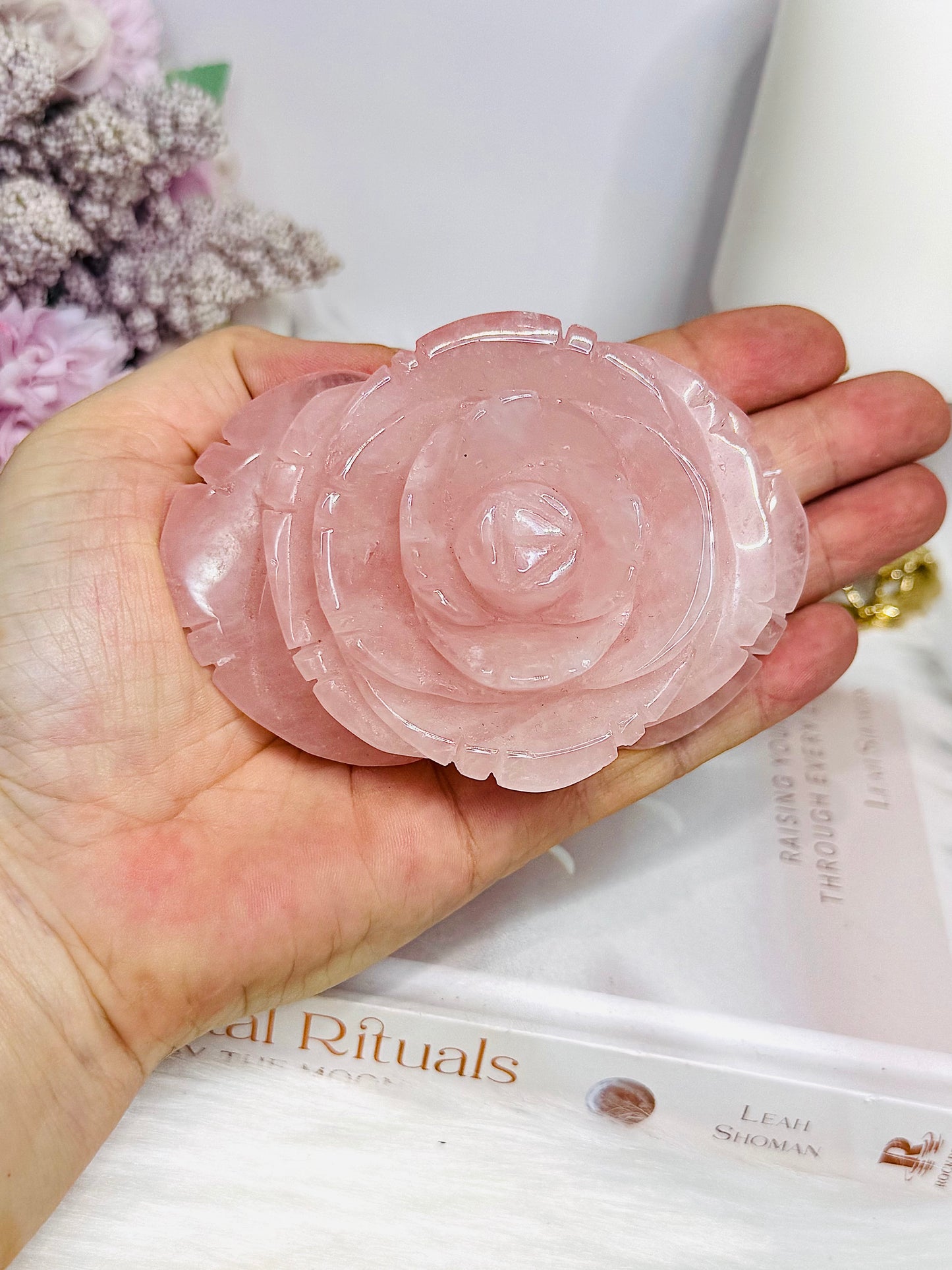 Large Rose Quartz Carved Rose 10cm