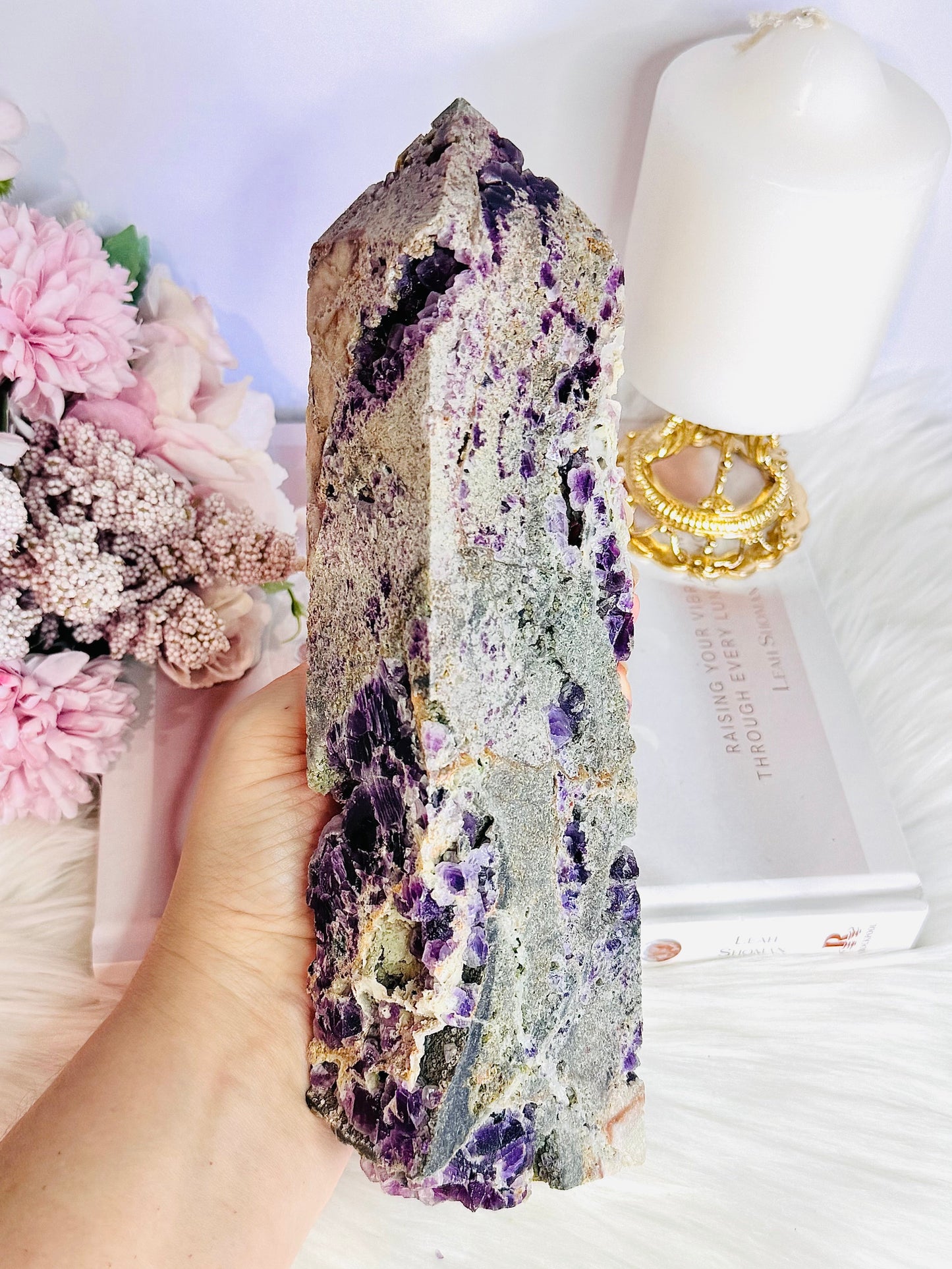 Huge Purple Cubed Fluorite in Matrix Carved Tower | Generator 22.5cm