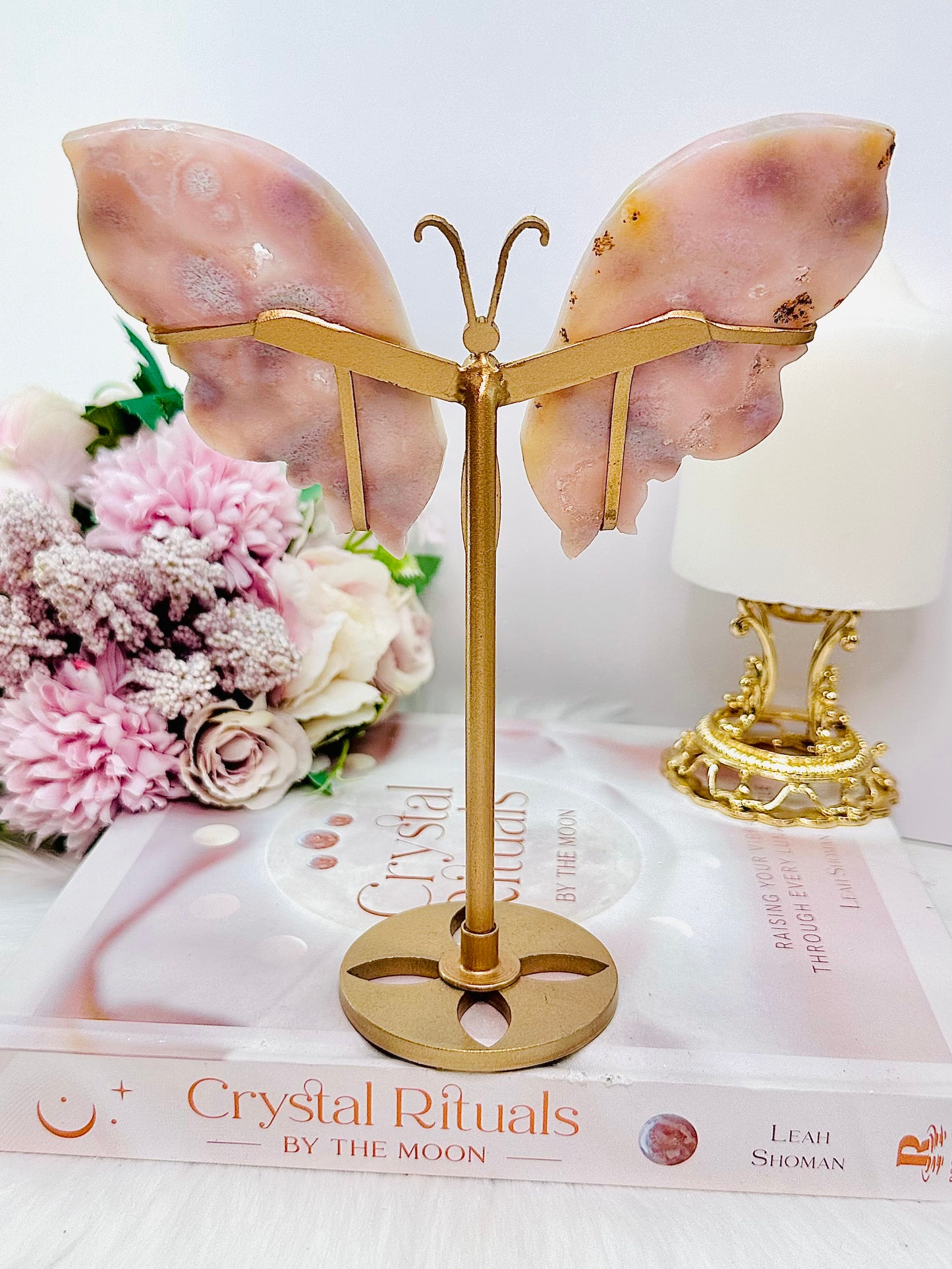 CLASSY & ABSOLUTELY FABULOUS High Grade Druzy Pink Amethyst Butterfly Wings 19.5cm Tall (Inc Stand) On Gold Stand