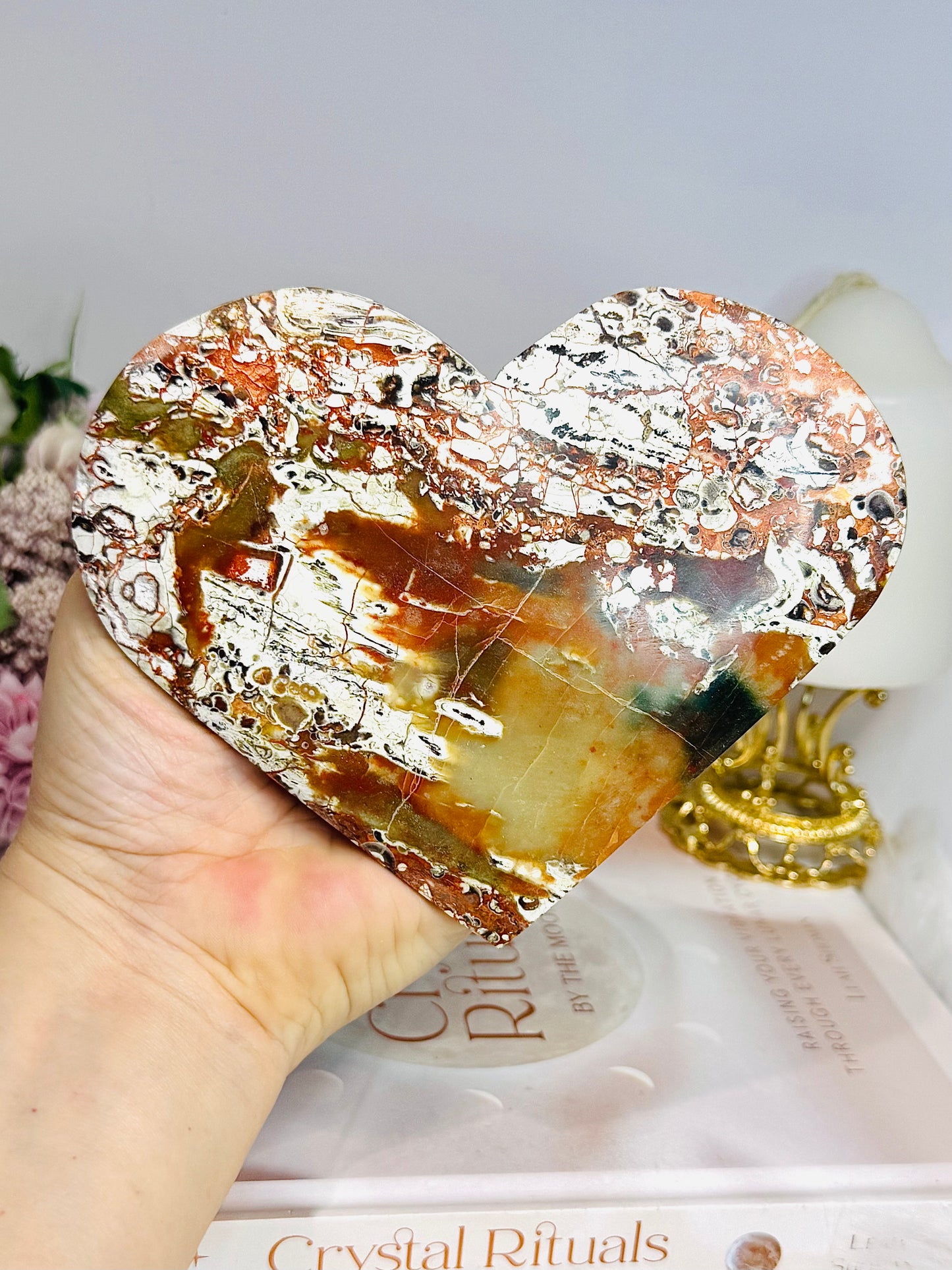 Large Money Agate Carved Heart On Stand 14.5cm