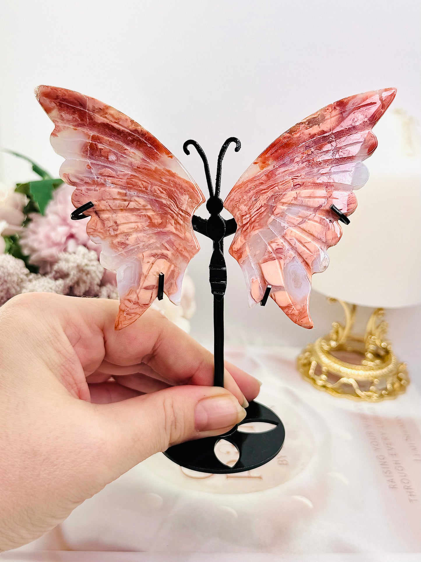 Gorgeous 13cm Pink Agate Butterfly Wings On Black Stand