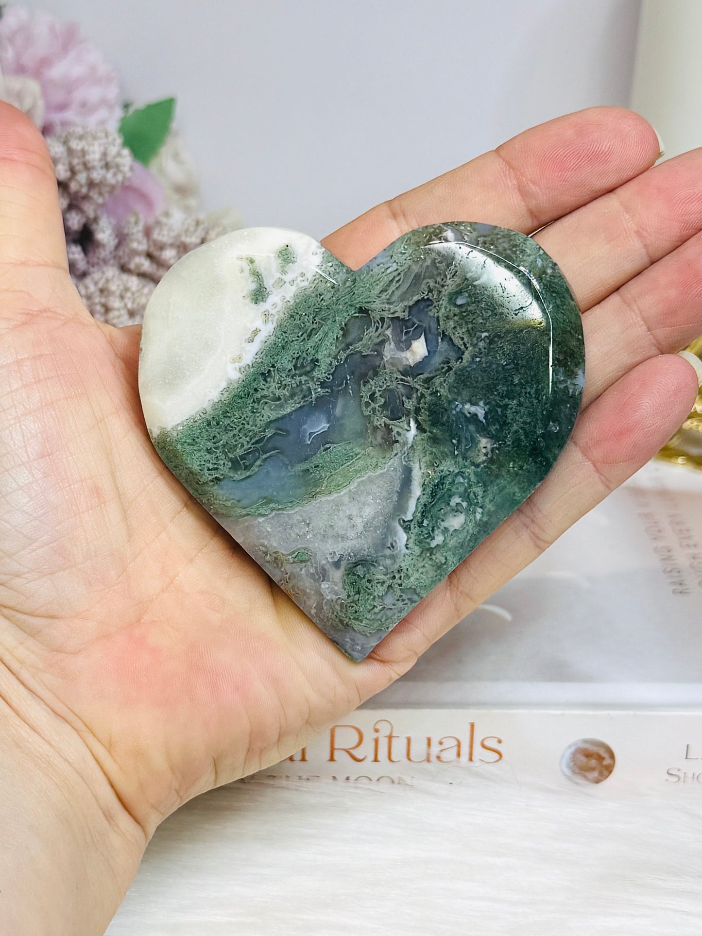 Moss Agate Druzy Heart 8cm On Stand