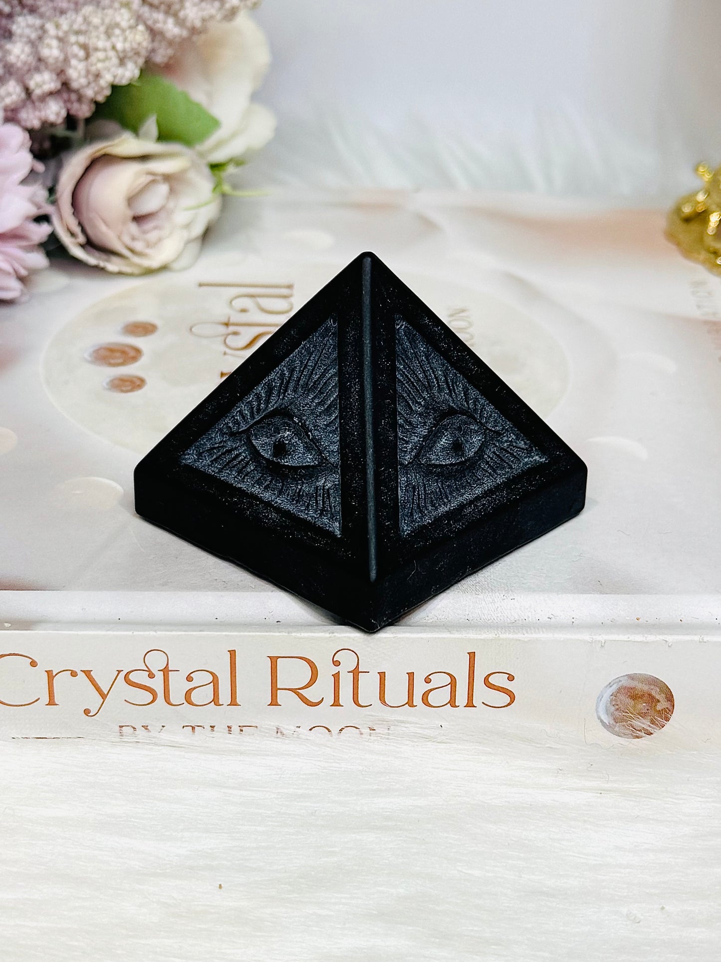 Black Tourmaline Evil Eye Carved Pyramid 5cm