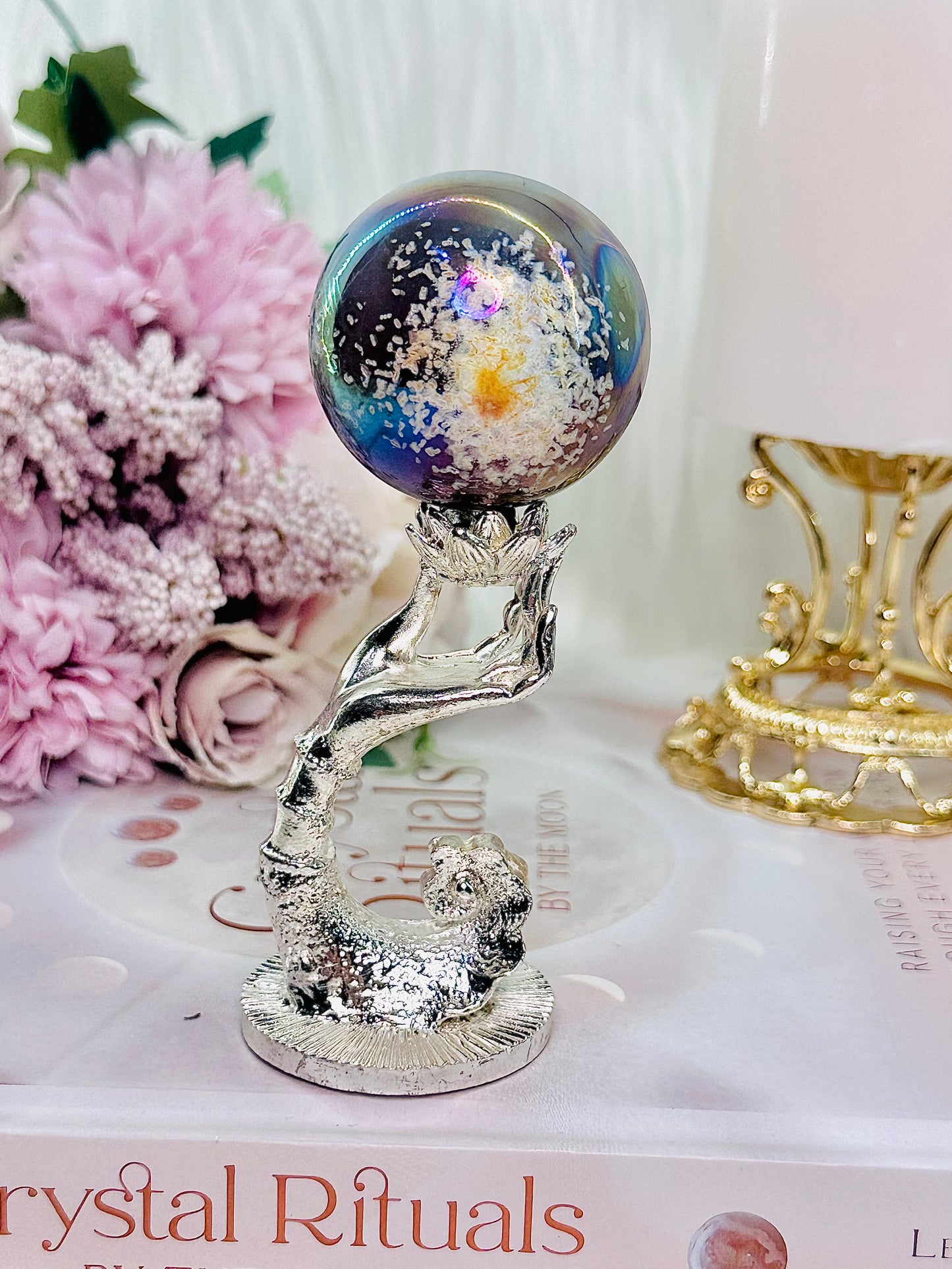What A Stunner!!! Silver Lotus Hand Holder with Aura Druzy Agate Sphere 11cm Tall