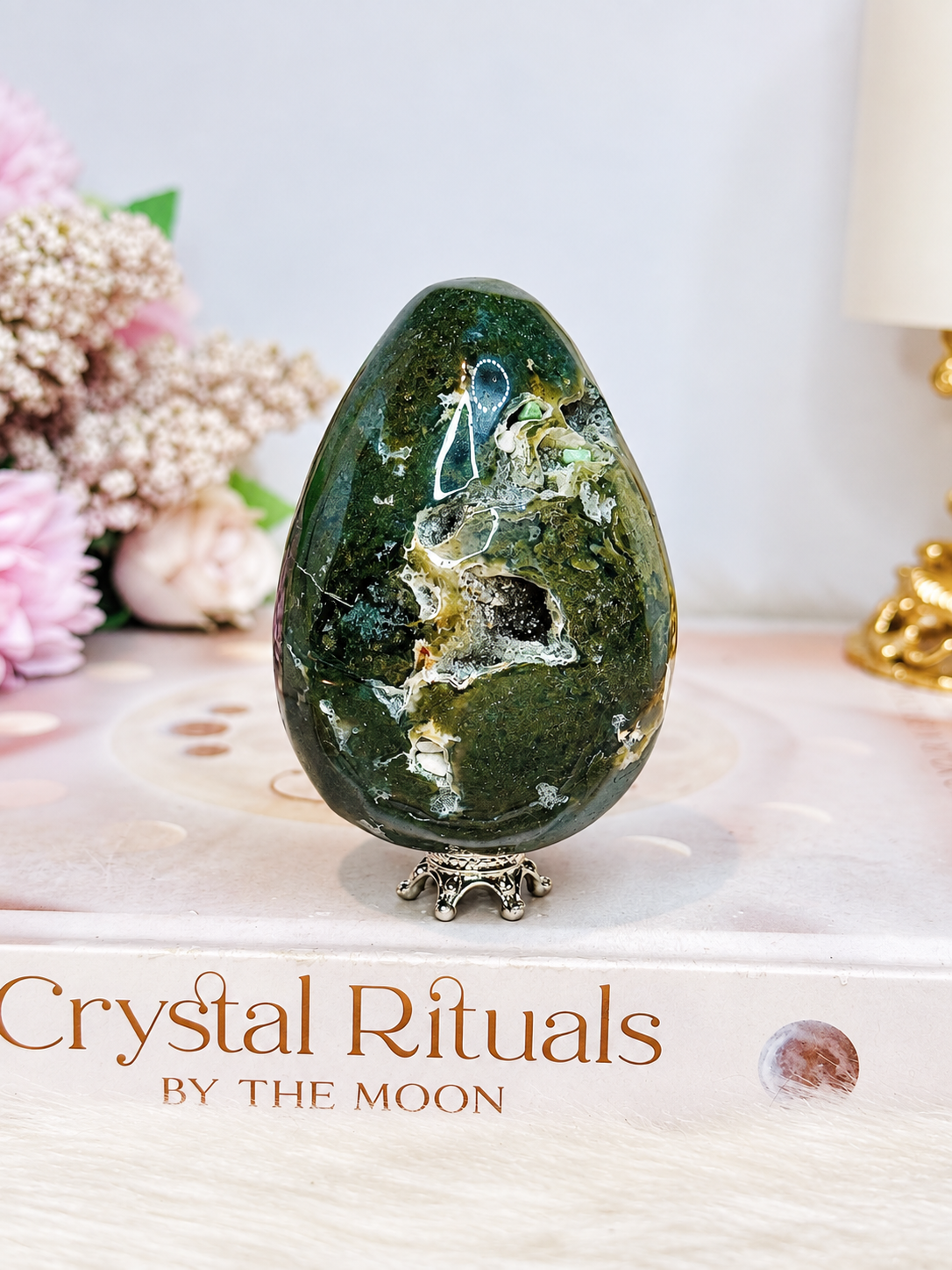Moss Agate Druzy Egg On Stand 201g