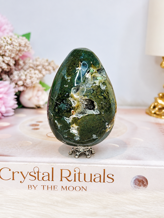 Moss Agate Druzy Egg On Stand 201g