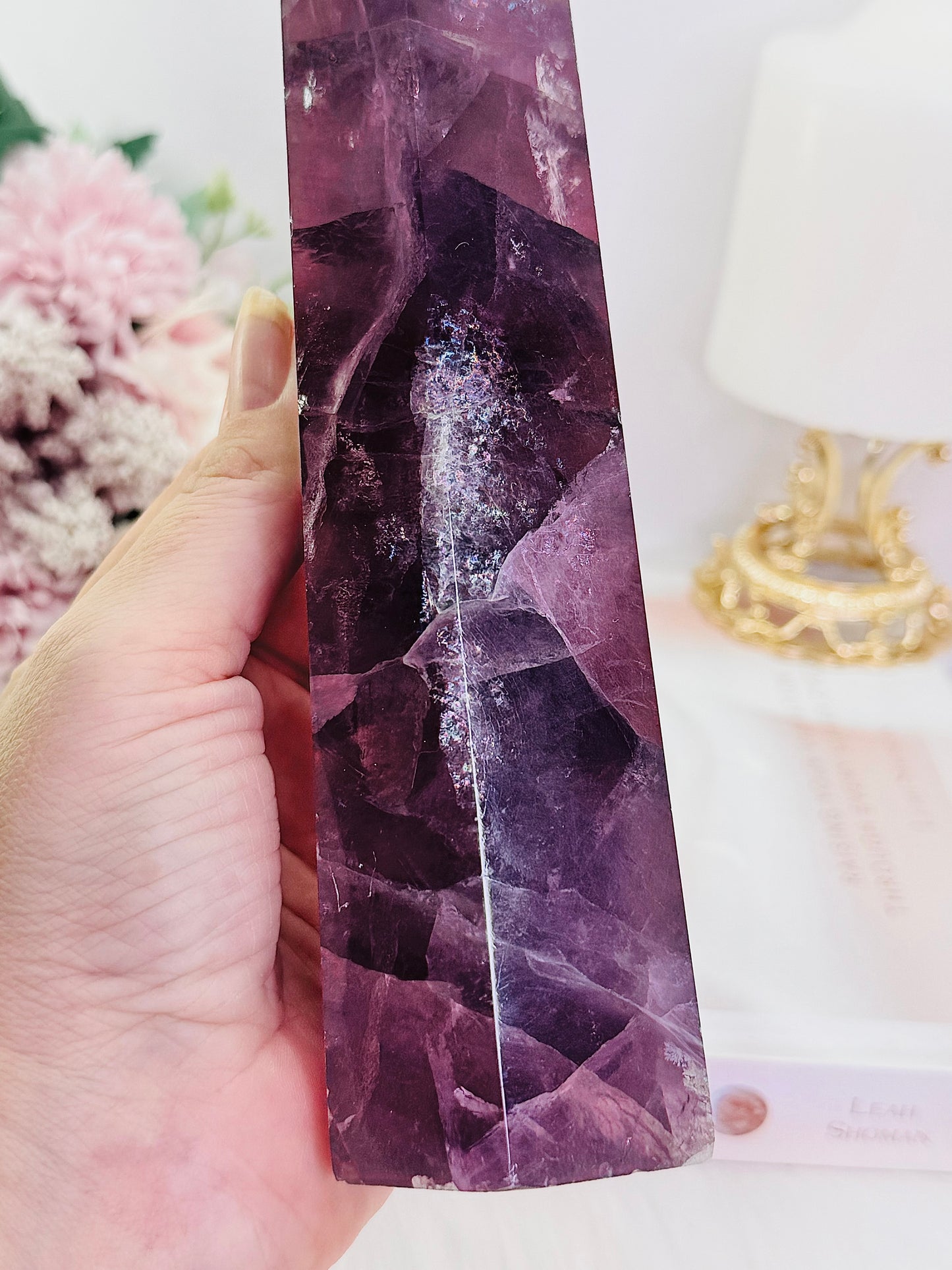 Fabulous Tall 23.5cm 968gram Purple Fluorite Tower with Rainbows