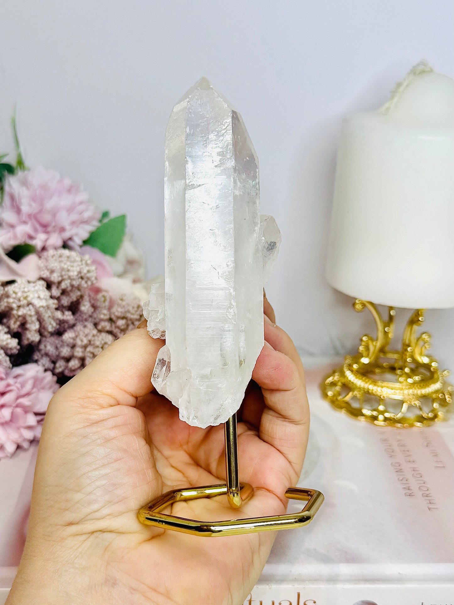 Clear Quartz Natural Tower on Gold Stand 14cm