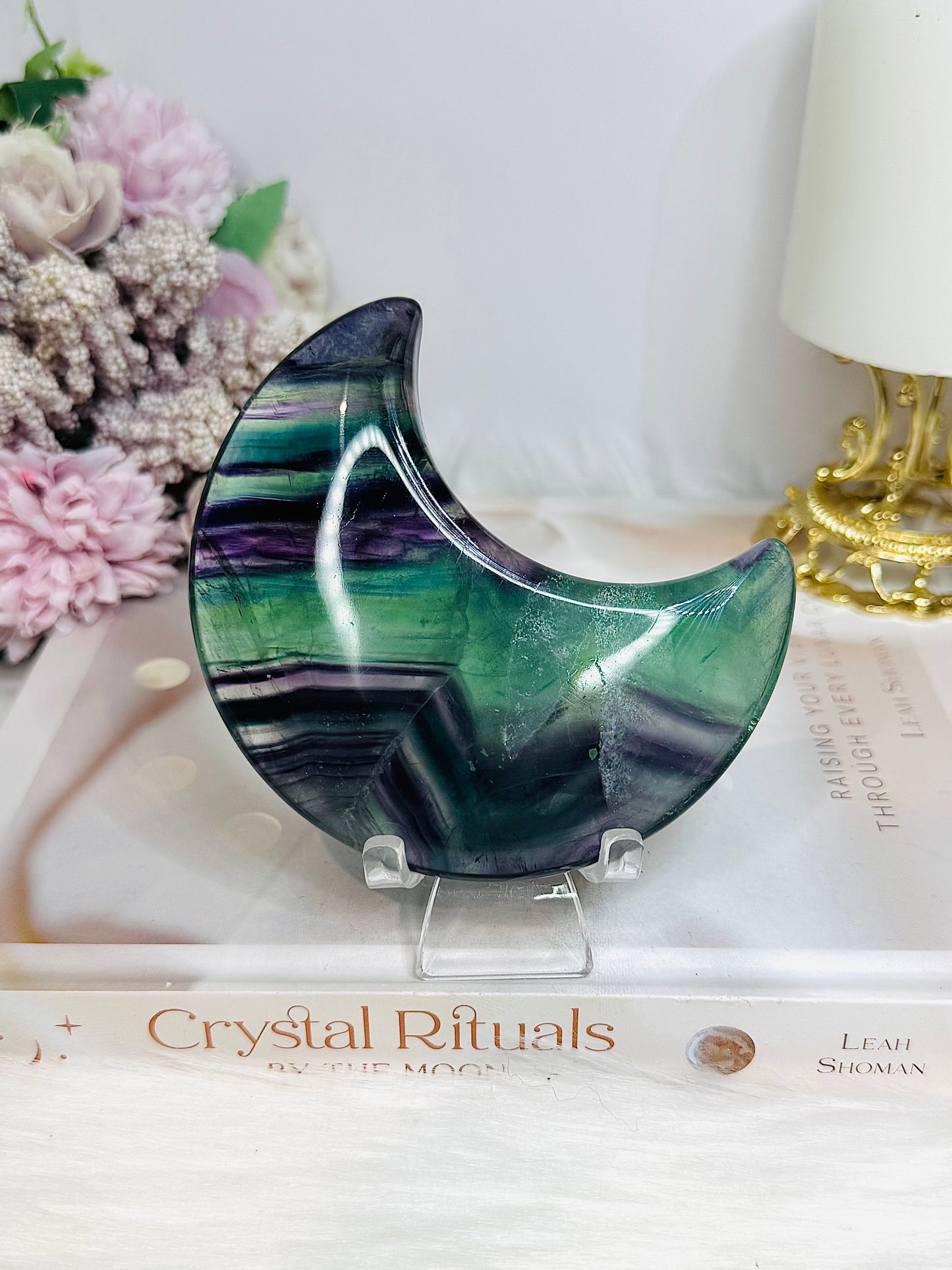 High Grade Rainbow Fluorite Moon on Stand 9.5cm 273g (light used in photo)
