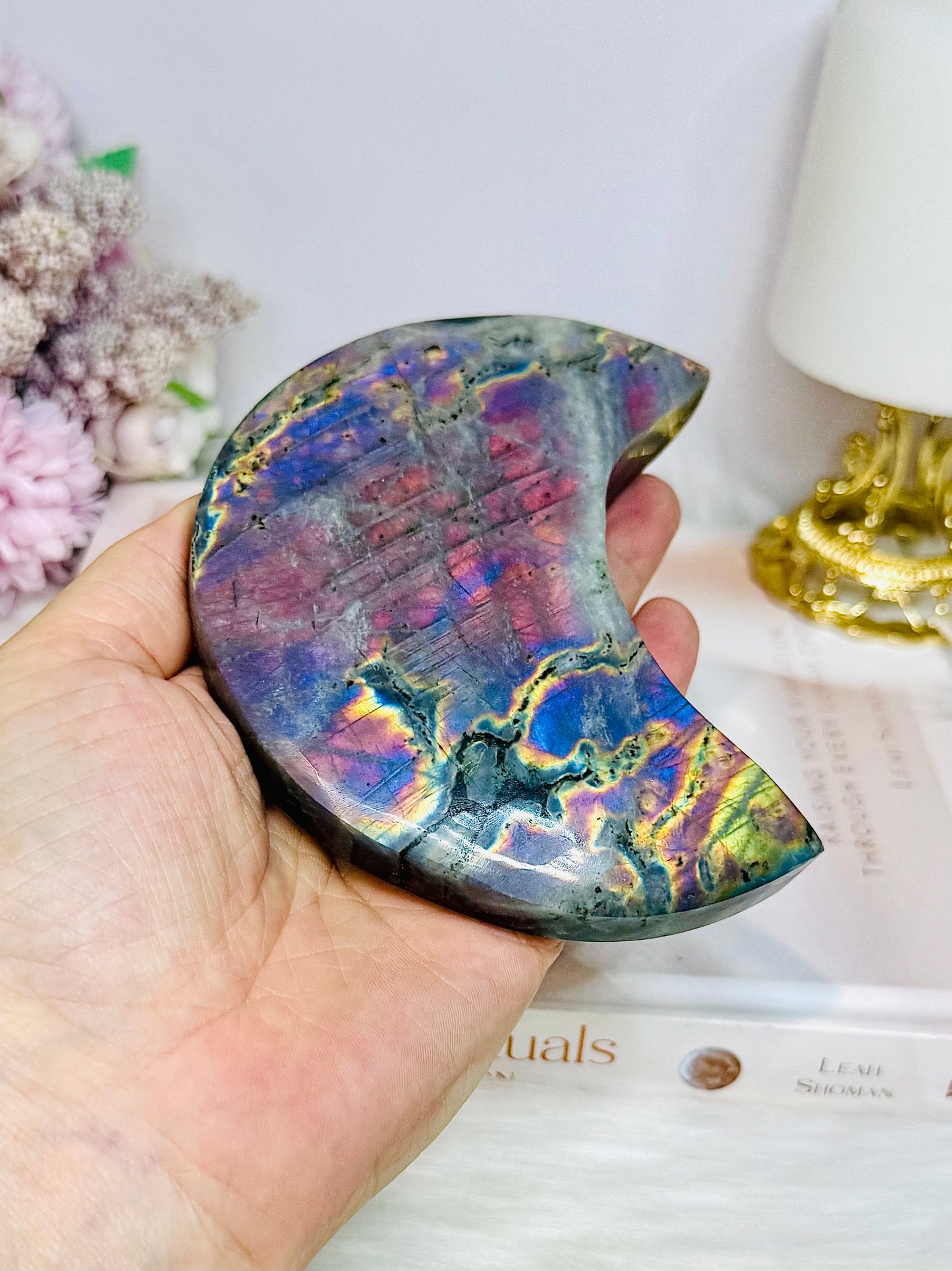 High Grade Large Labradorite Carved Moon Full of Flash 18.5cm