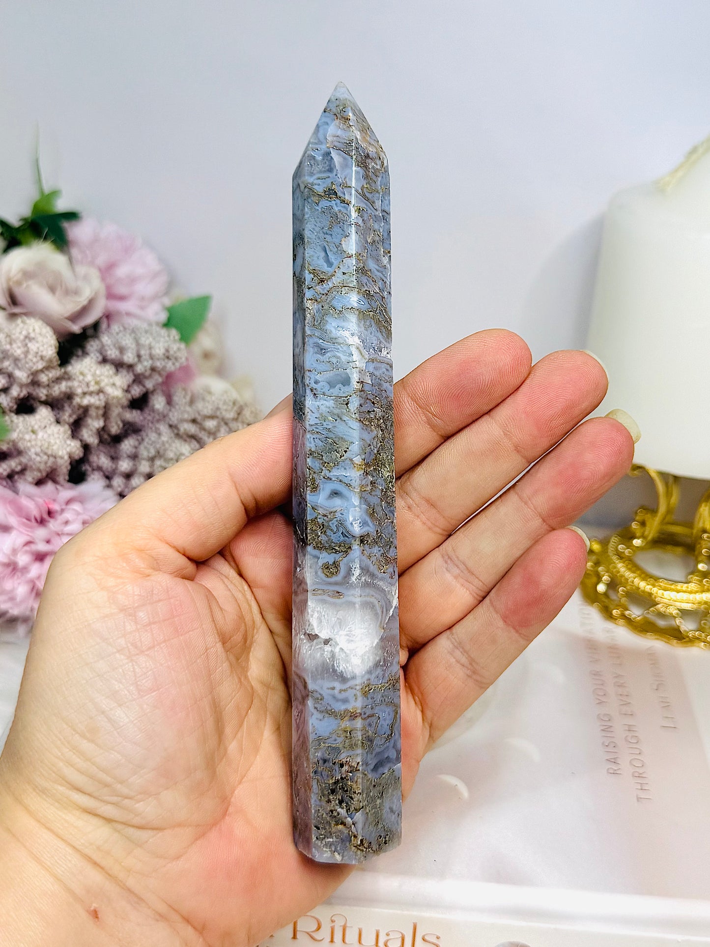 Blue Moss Agate Druzy Tower 16cm