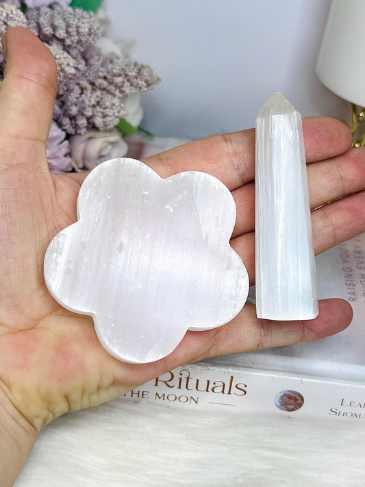 Selenite Flower & Tower Set