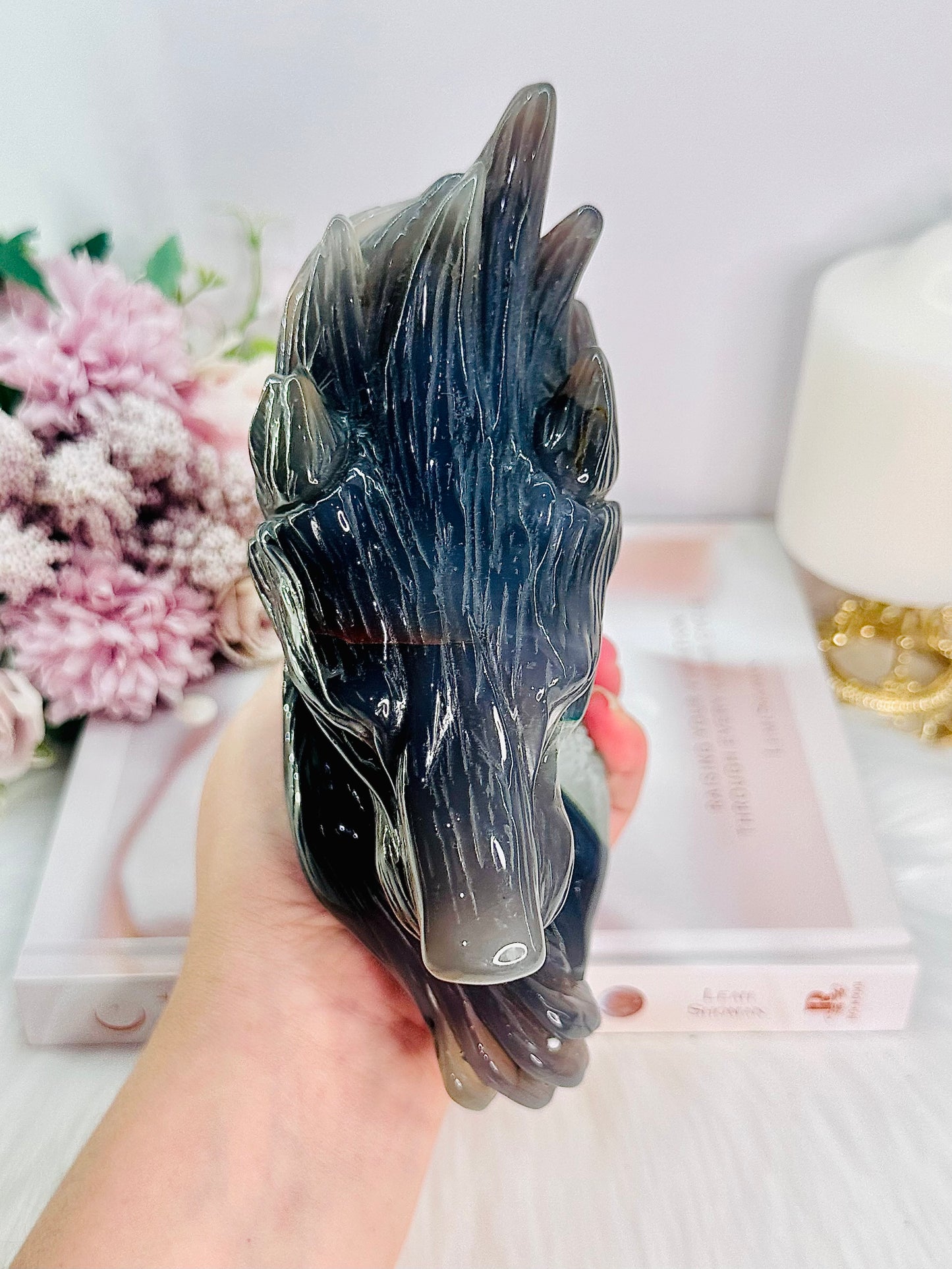 The Most SPECTACULAR Fabulous & Absolutely Stunning, Huge 1.38KG Druzy Agate Wolf Carving