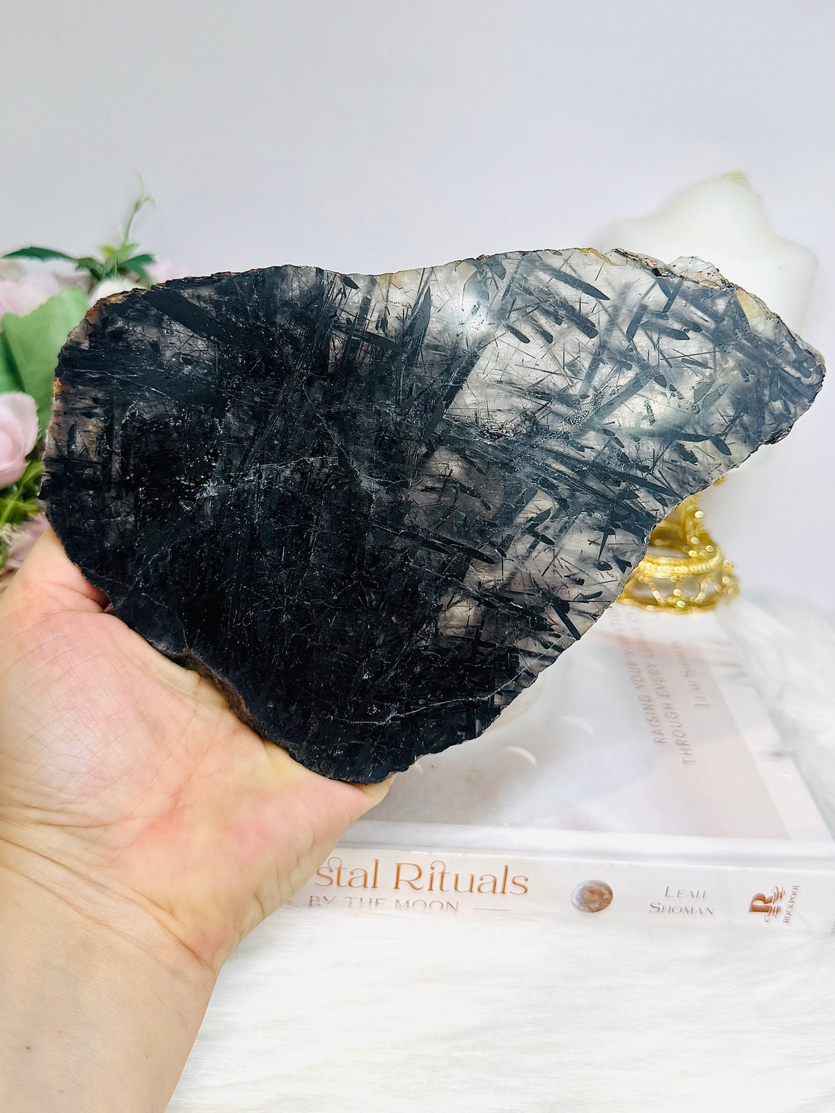 Large Black Tourmaline In Quartz Slab on Stand 19cm