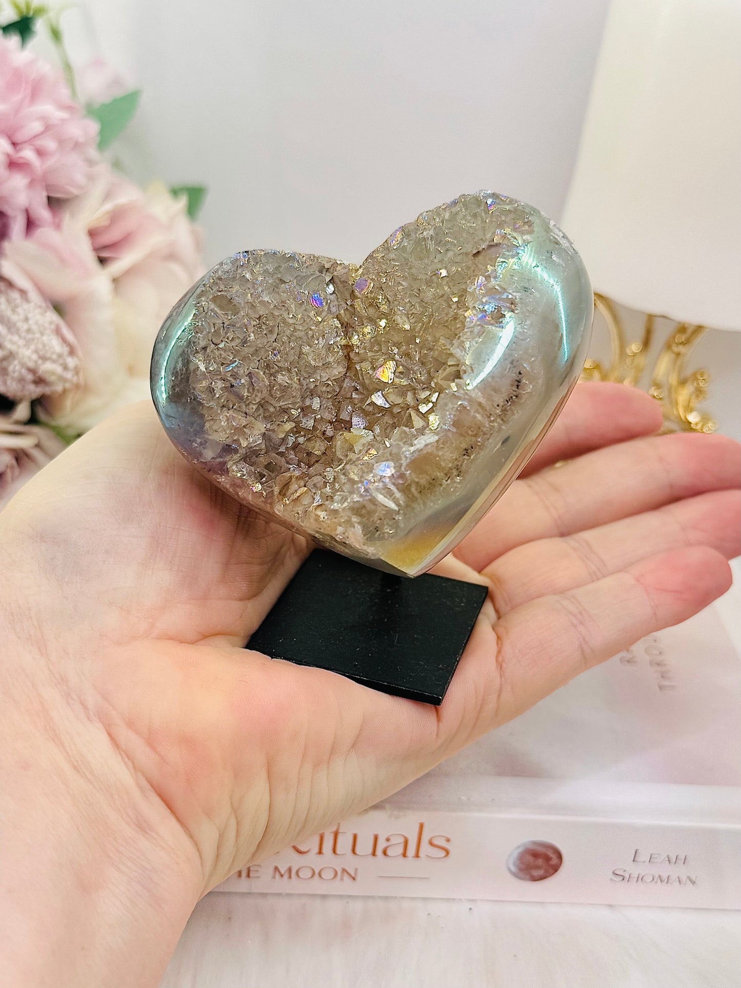 Stunning Angel Aura Druzy Agate Carved Heart on Stand 8cm