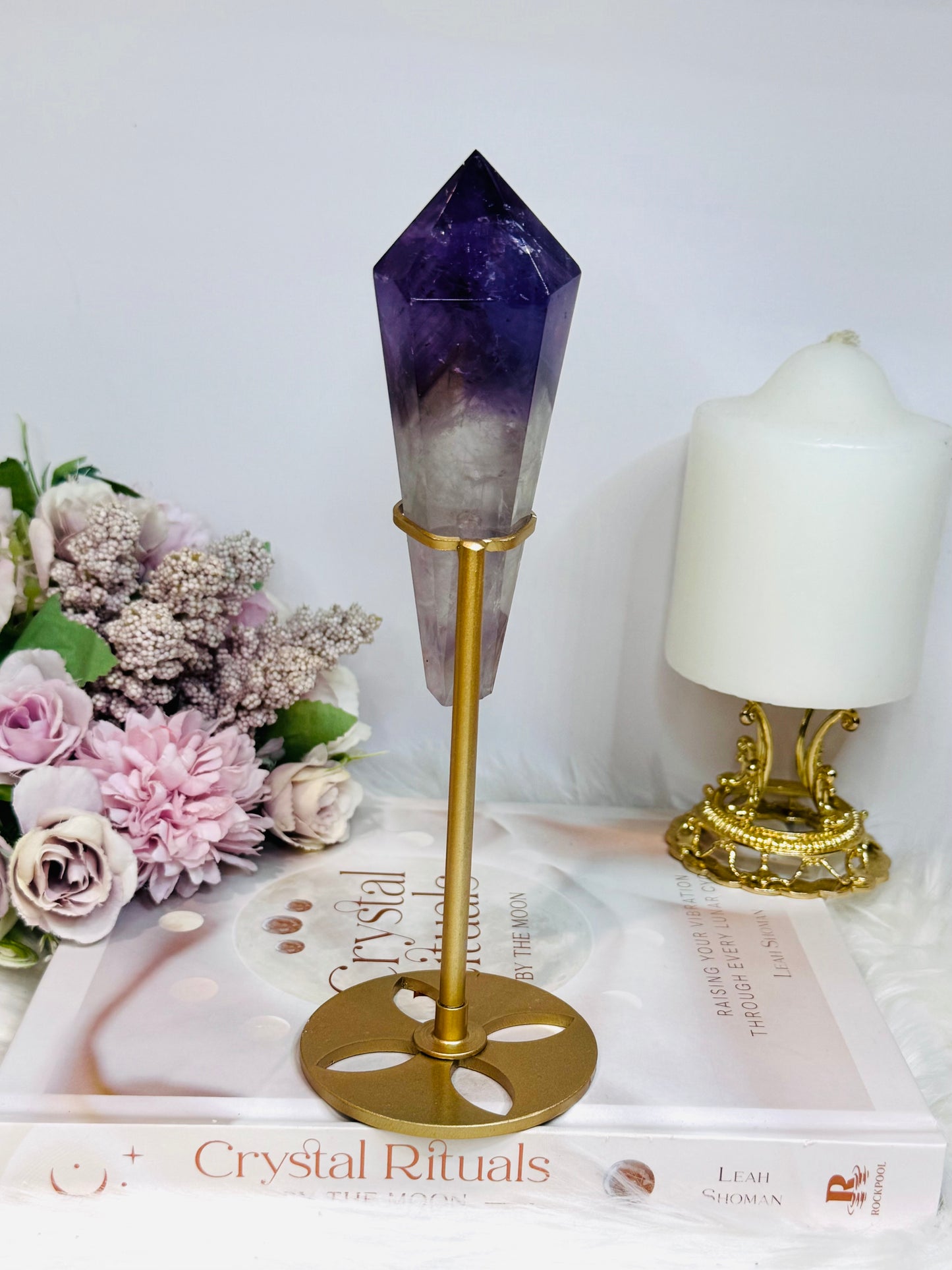 High Grade Phantom Amethyst Point | Obelisk on Gold Stand 20cm