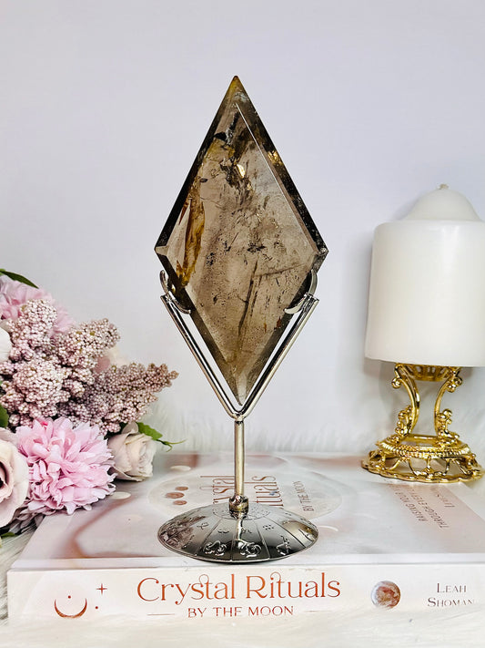 Supports Anxiety & Depression ~ Stunning Large 17cm (inc stand) Natural Smokey Quartz Carved Diamond On Silver Stand