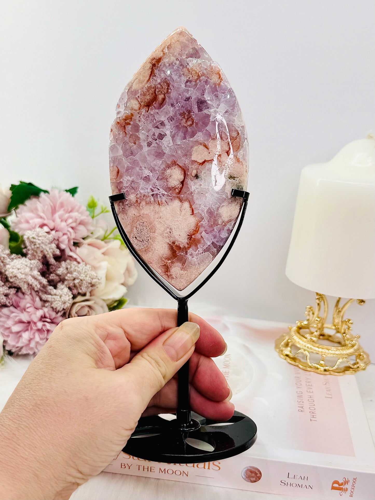 Rare Stunning Large 21cm Pink Amethyst X Flower Agate Freeform on Stand