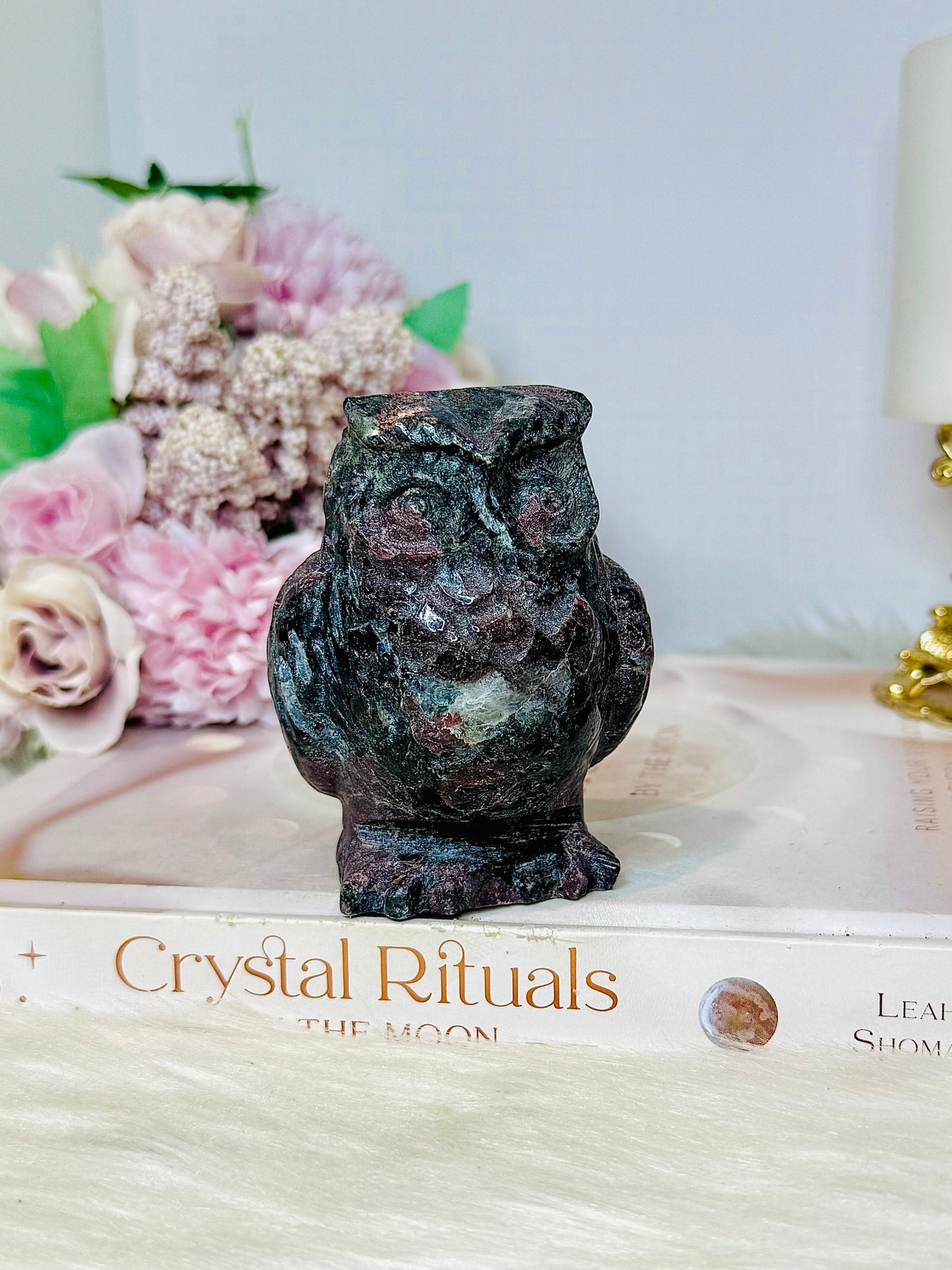 Chunky Garnet In Astrophyllite Carved Owl 9cm 410g