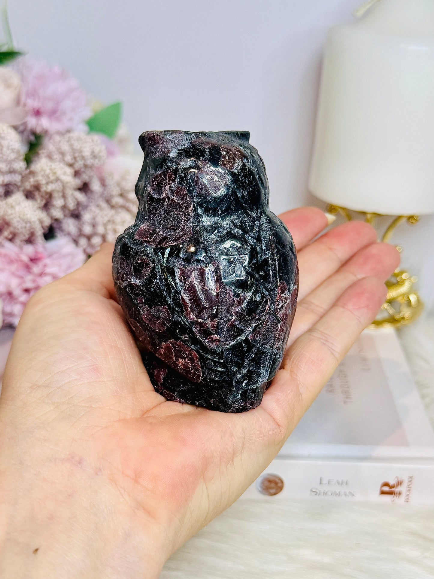 Chunky Garnet In Astrophyllite Carved Owl 9cm 410g