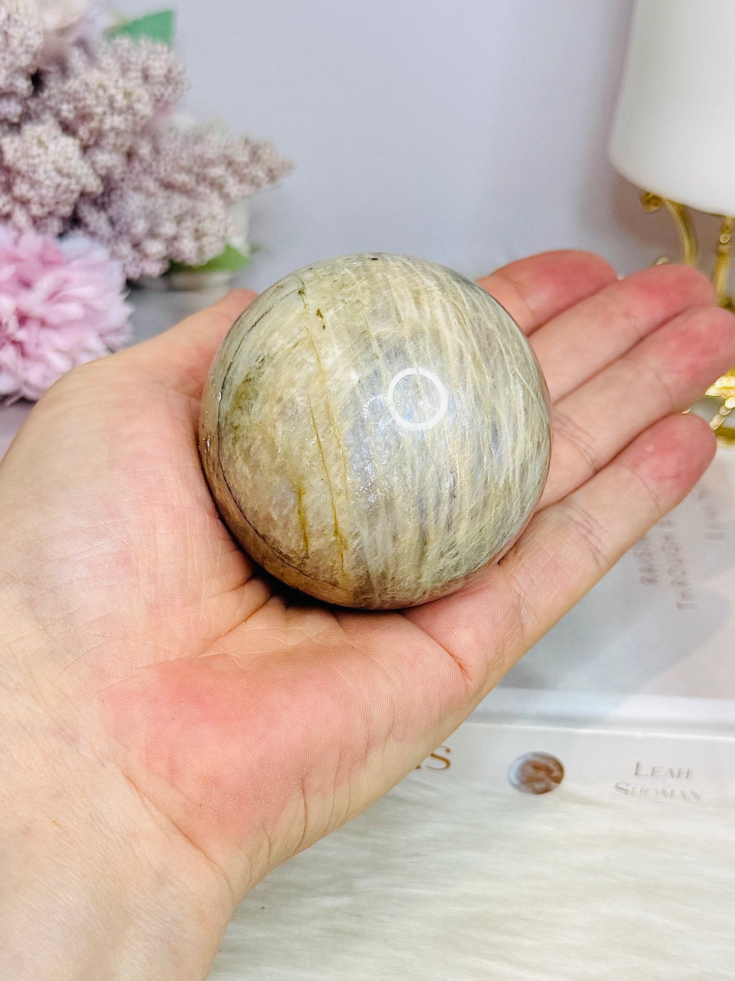 Moonstone Sphere with Blue Flash on Stand 274g