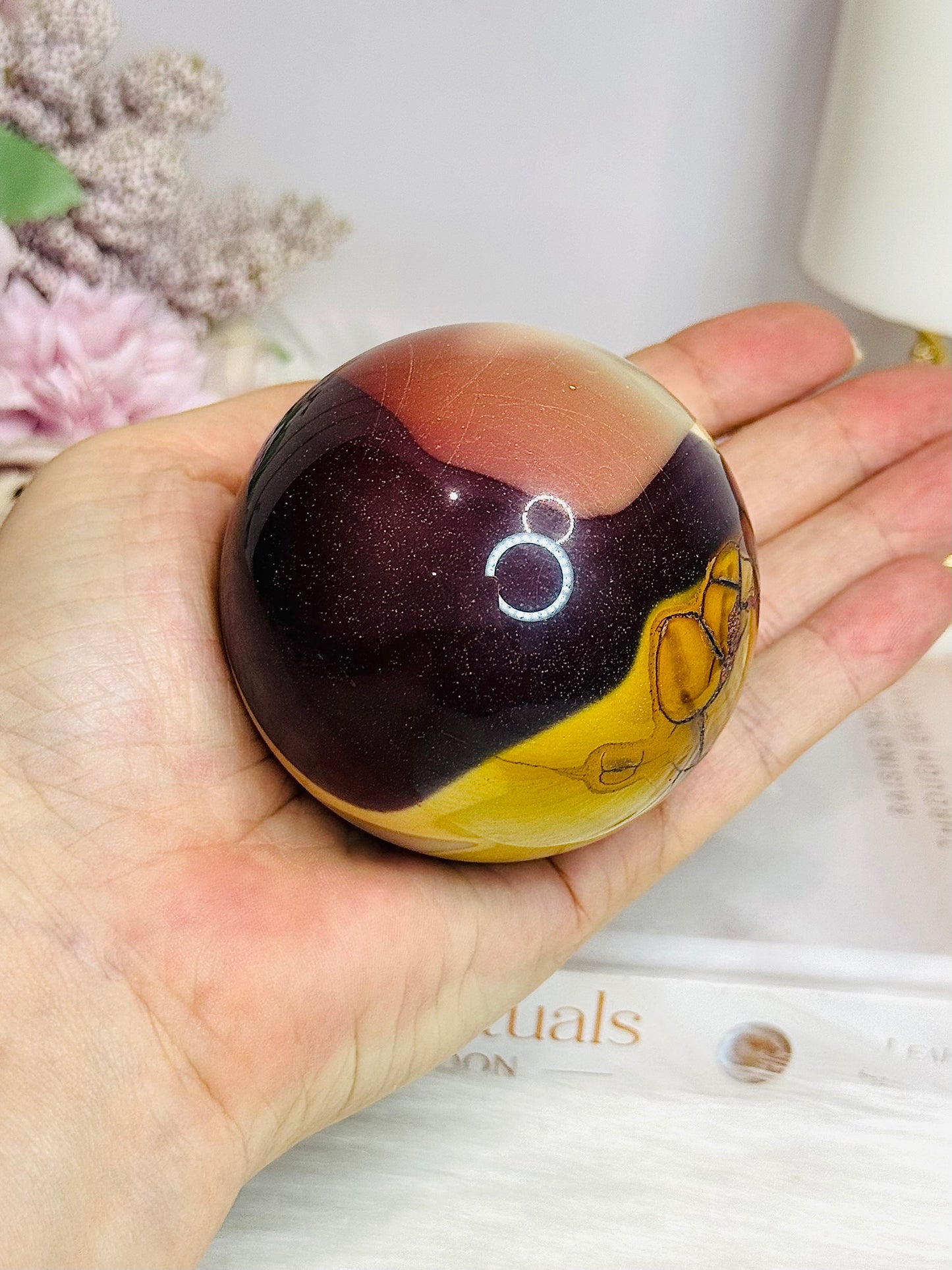 Large Mookaite Jasper Sphere on Stand 392g