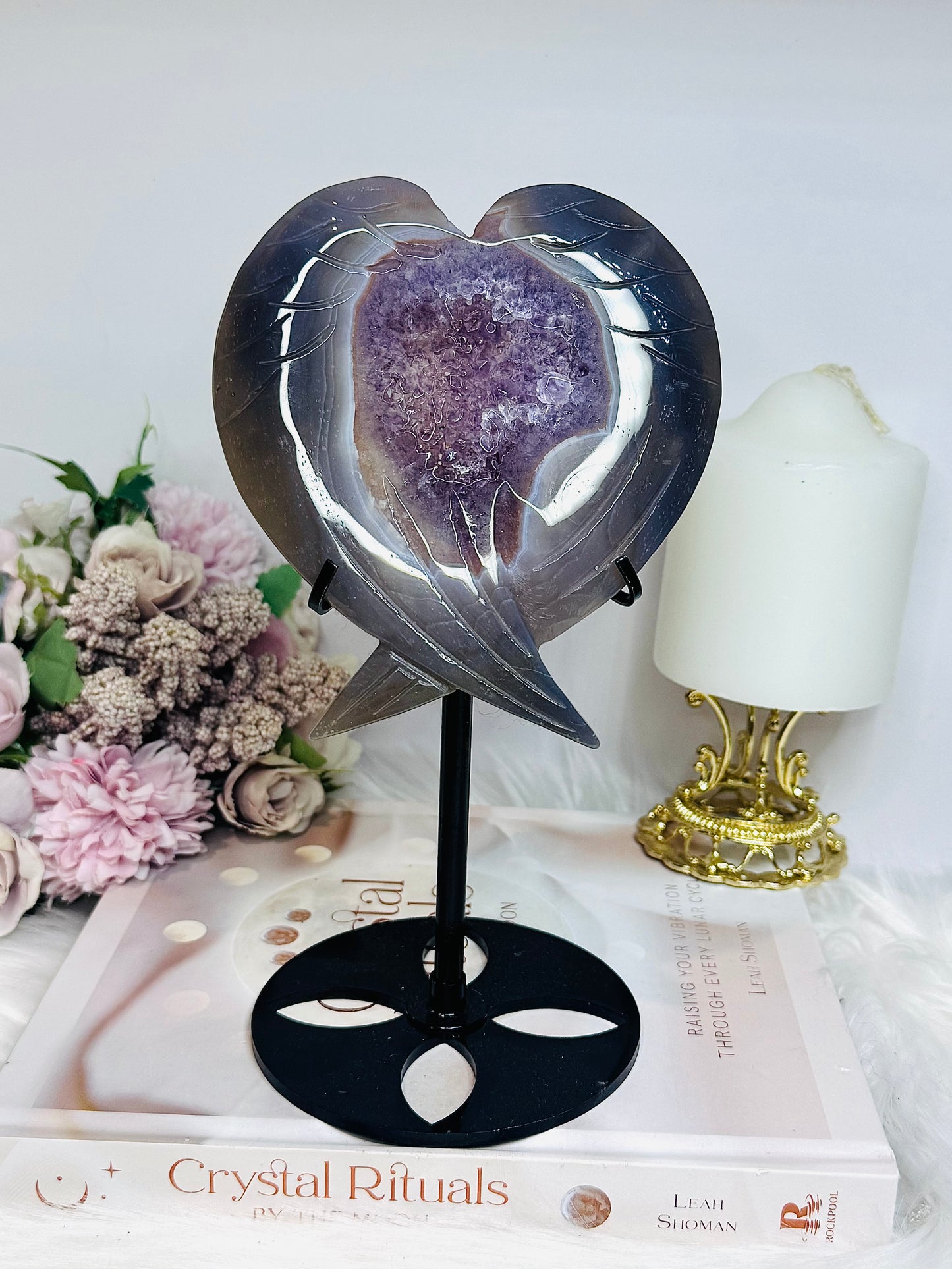 Large Amethyst X Agate Druzy Wings / Heart on Stand 22.5cm