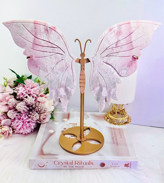 Classy & Truly Fabulous Large 25.5cm Incredible High Grade Pink Opal Carved Butterfly Wings On Gold Stand