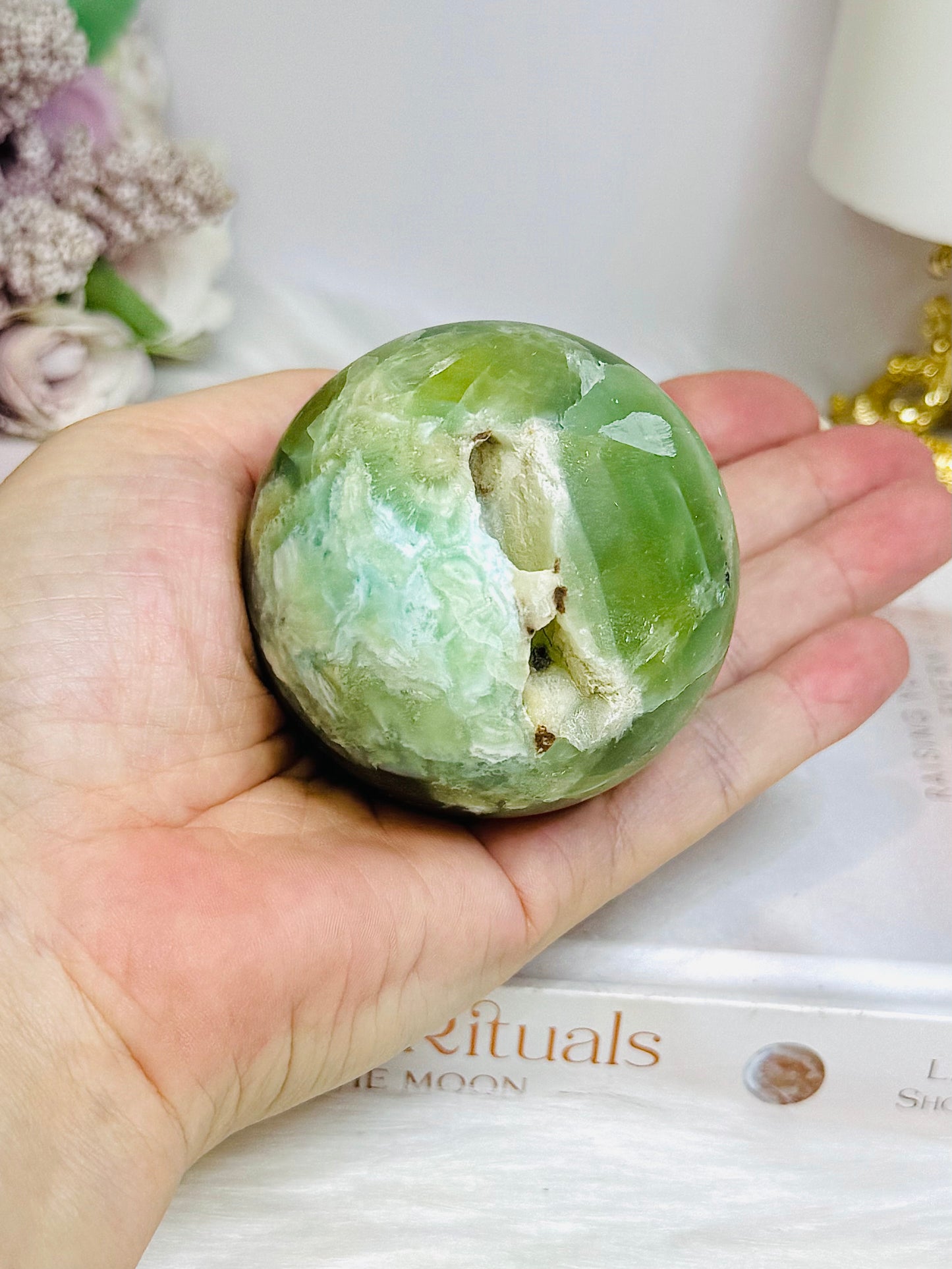 Green Calcite Druzy Sphere on Stand 351g