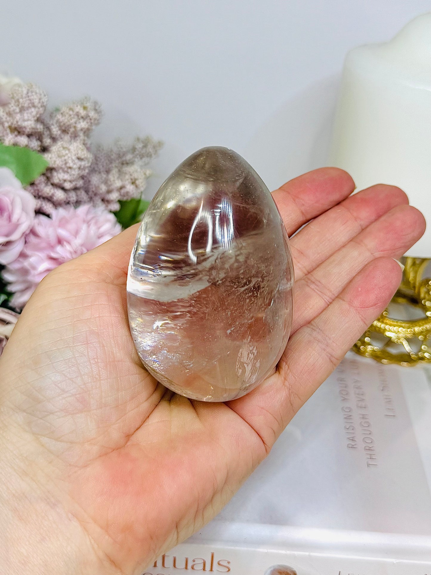 Large Quartz Egg On Stand with Rainbows 280g