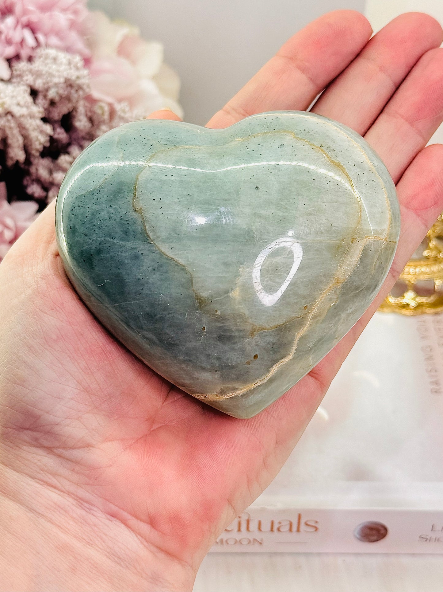 Puffy Large Natural Green Moonstone Carved Heart 423grams