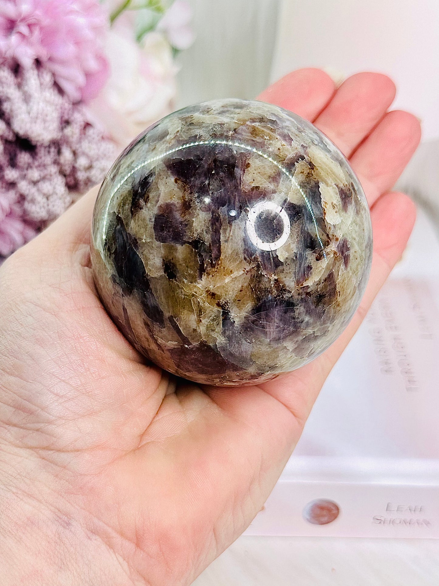 Beautiful & Unique Large 549gram Purple Mica In Sunstone Sphere on Stand (Glass stand in pic is display only)