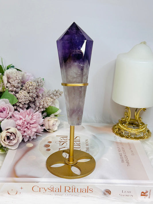High Grade Phantom Amethyst Point | Obelisk on Gold Stand 20cm