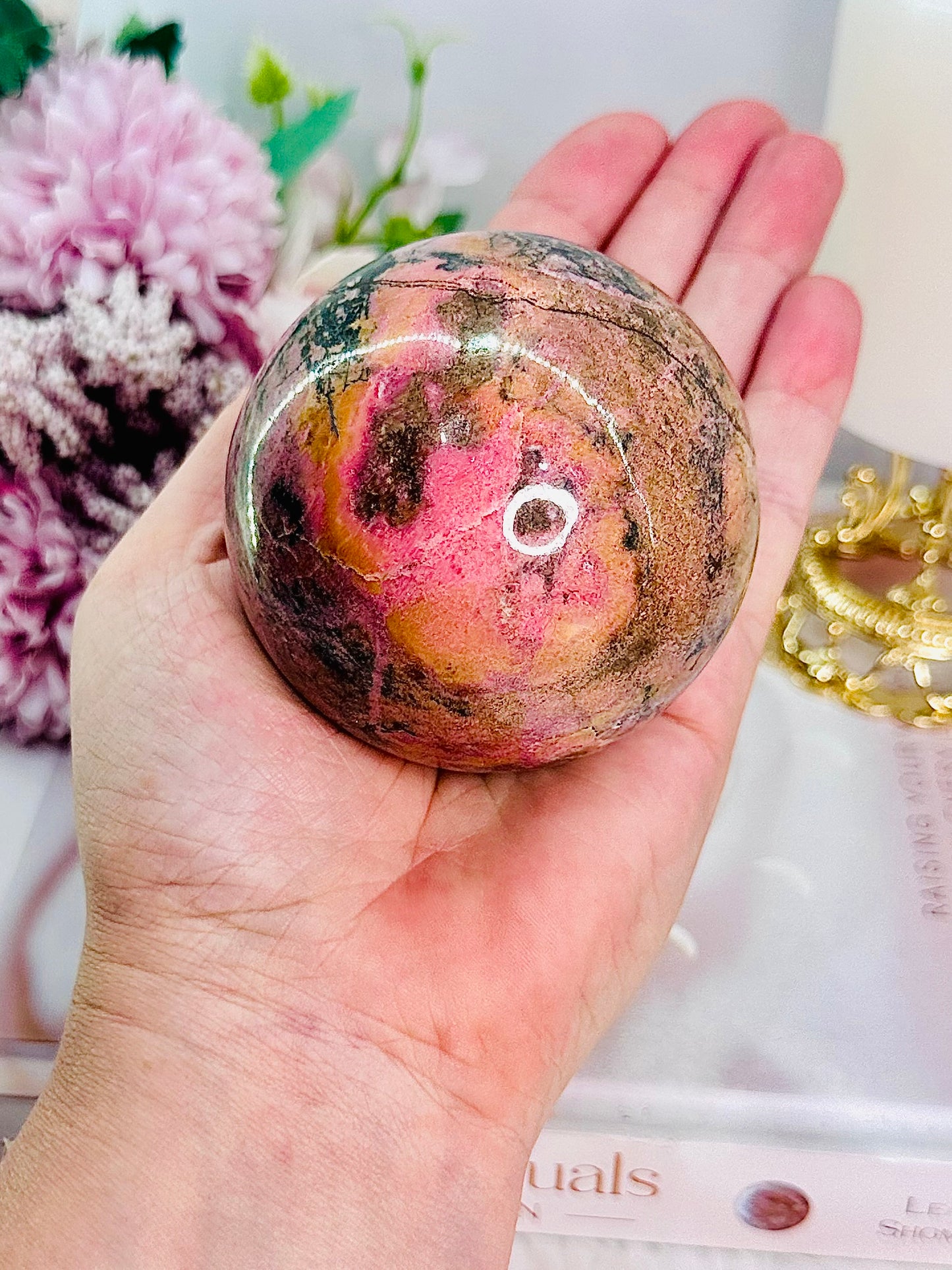 Fabulous Large 603gram Perfect Rhodonite Sphere On Stand